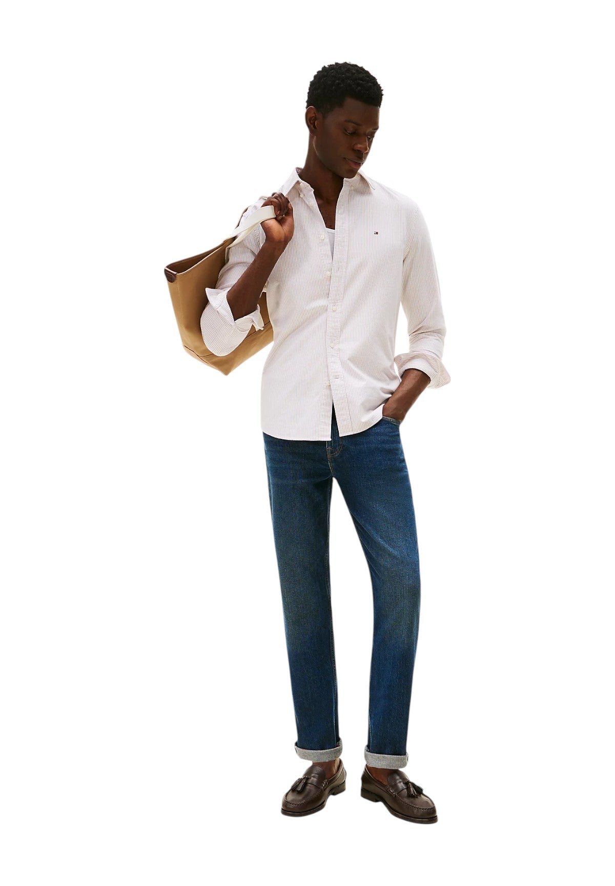 Camicia a Maniche Lunghe Heritage Oxford MW0MW36238 Safari Canvas, White
