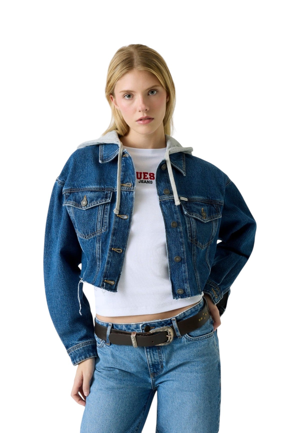 Giubbino di Jeans Gj Cropped Hooded Trucker W6RN11 Gj Medium Wash