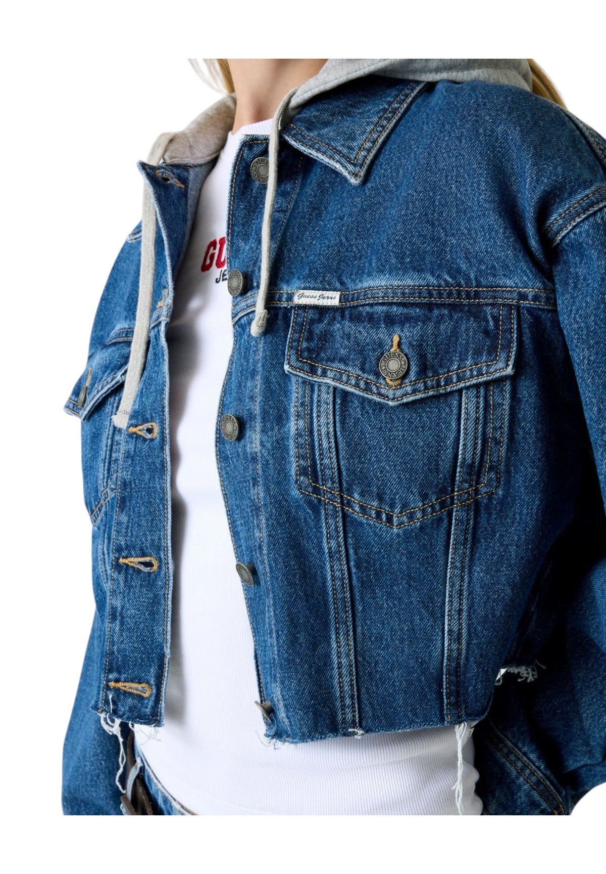 Giubbino di Jeans Gj Cropped Hooded Trucker W6RN11 Gj Medium Wash