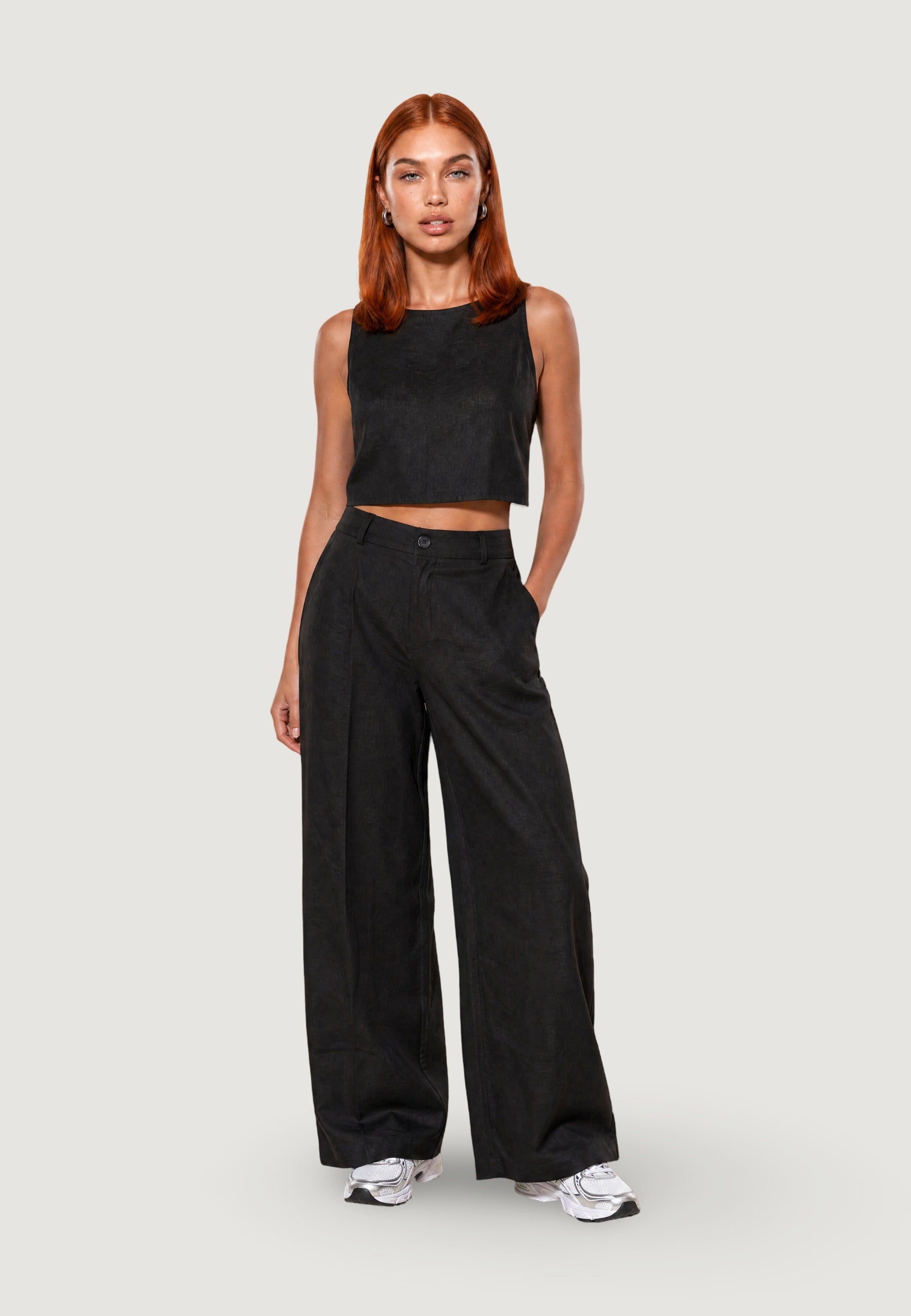 Pantaloni pantalone con zip lino viscosa 17500-3 Nero