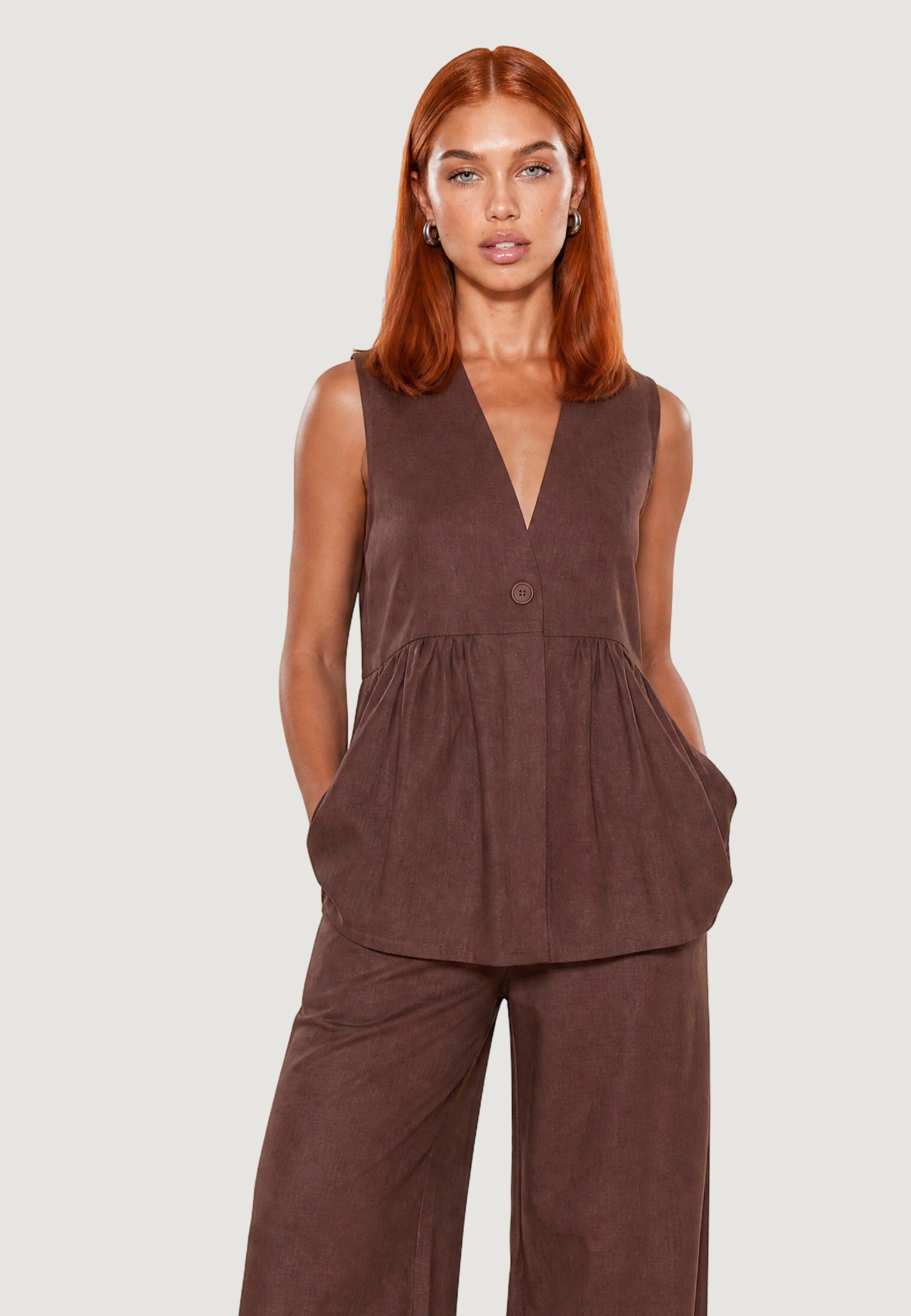 Gilet Elegante gilet con arriccio lino viscosa 17589-3 Moro