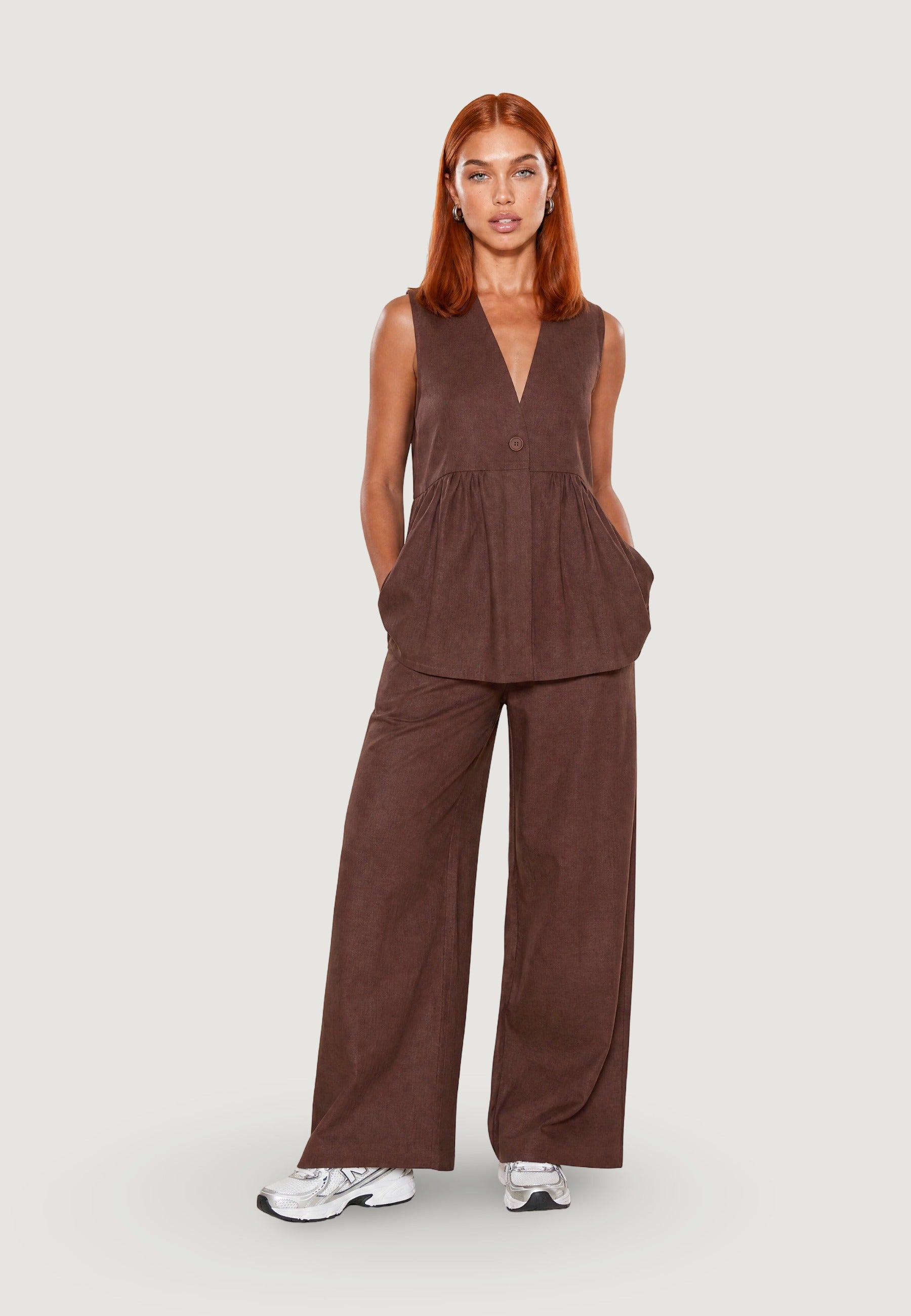 Gilet Elegante gilet con arriccio lino viscosa 17589-3 Moro