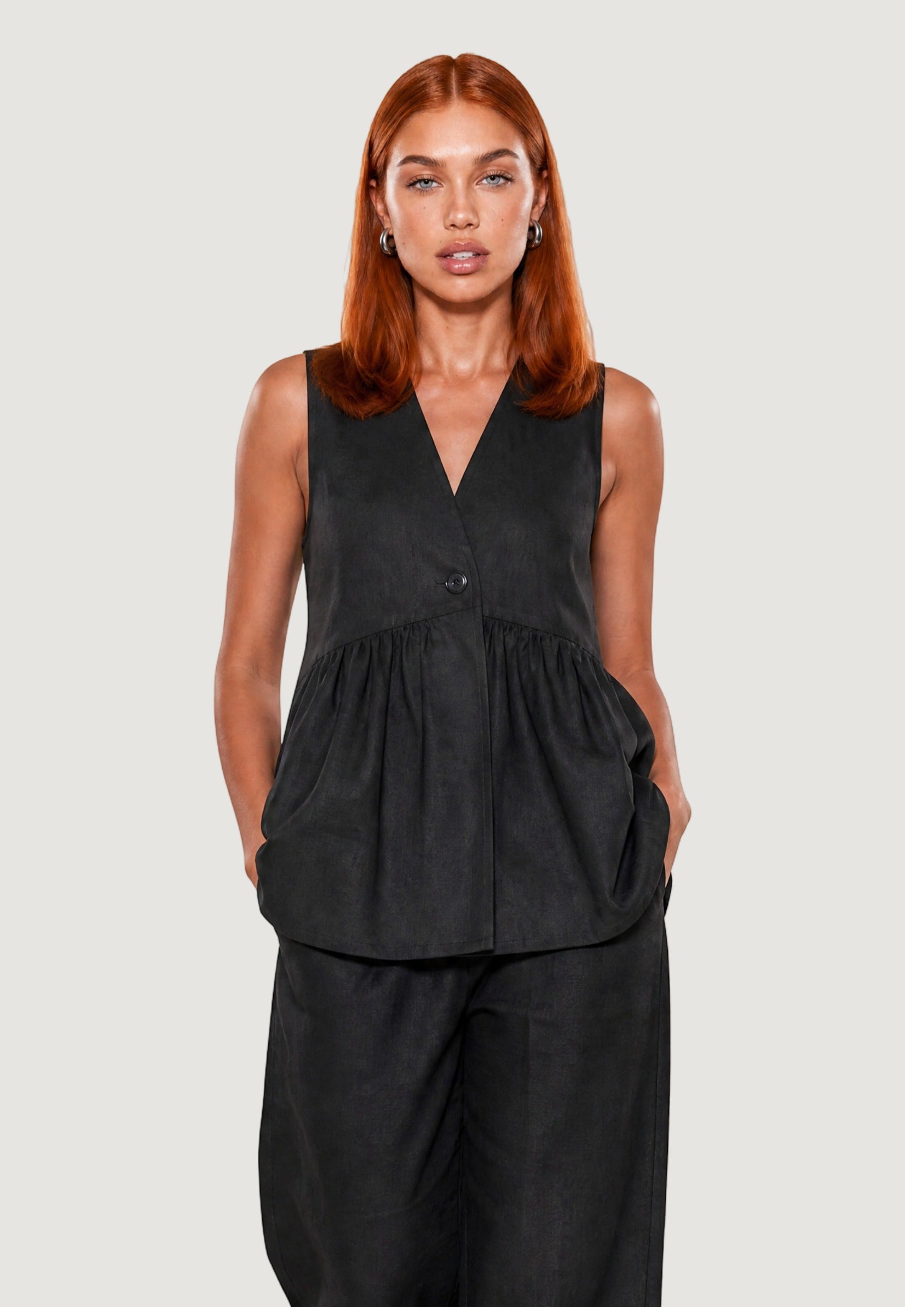 Gilet Elegante gilet con arriccio lino viscosa 17589-3 Nero
