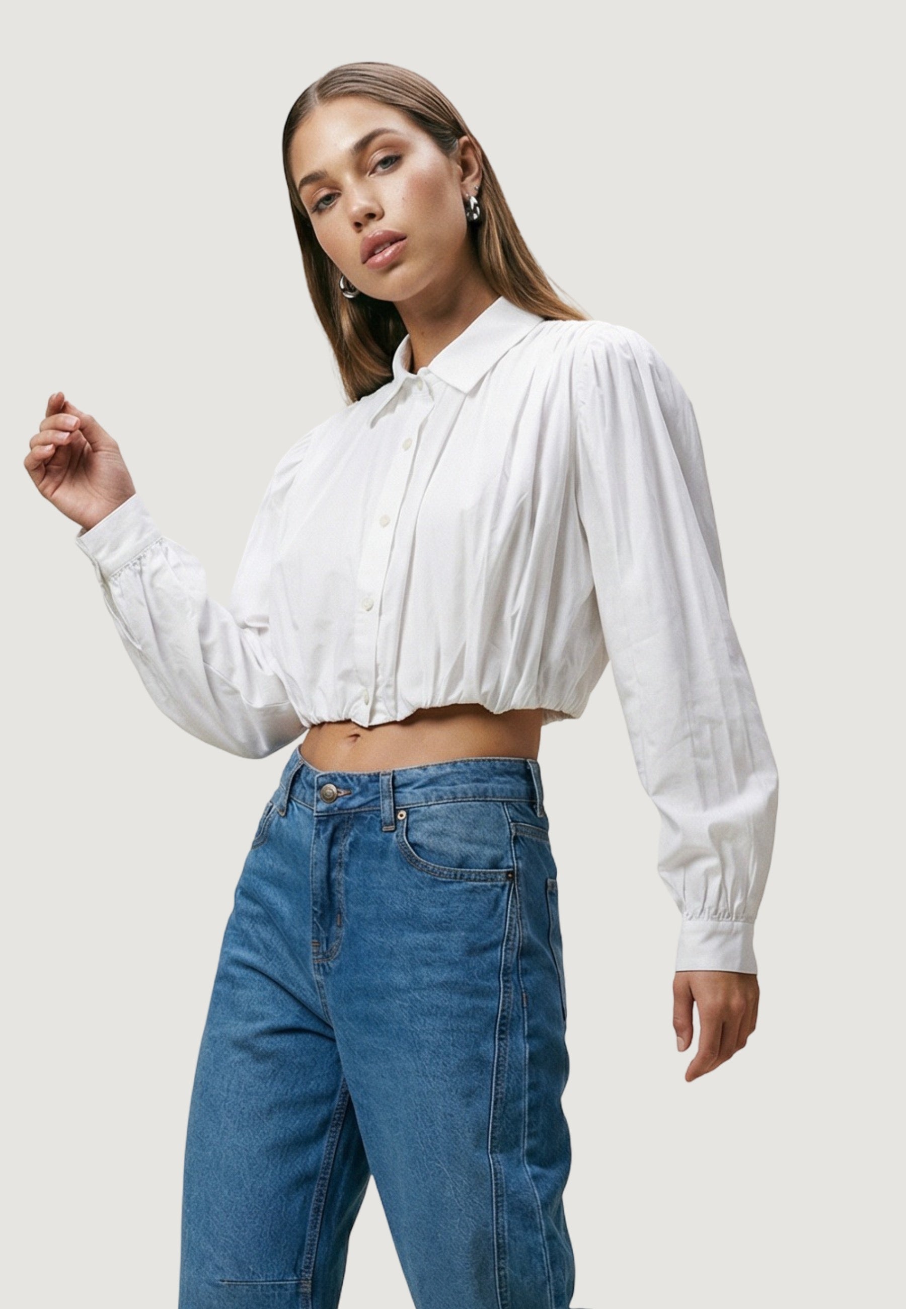 Camicia a Maniche Lunghe camicia palloncino popeline cotone 25543 Bianco