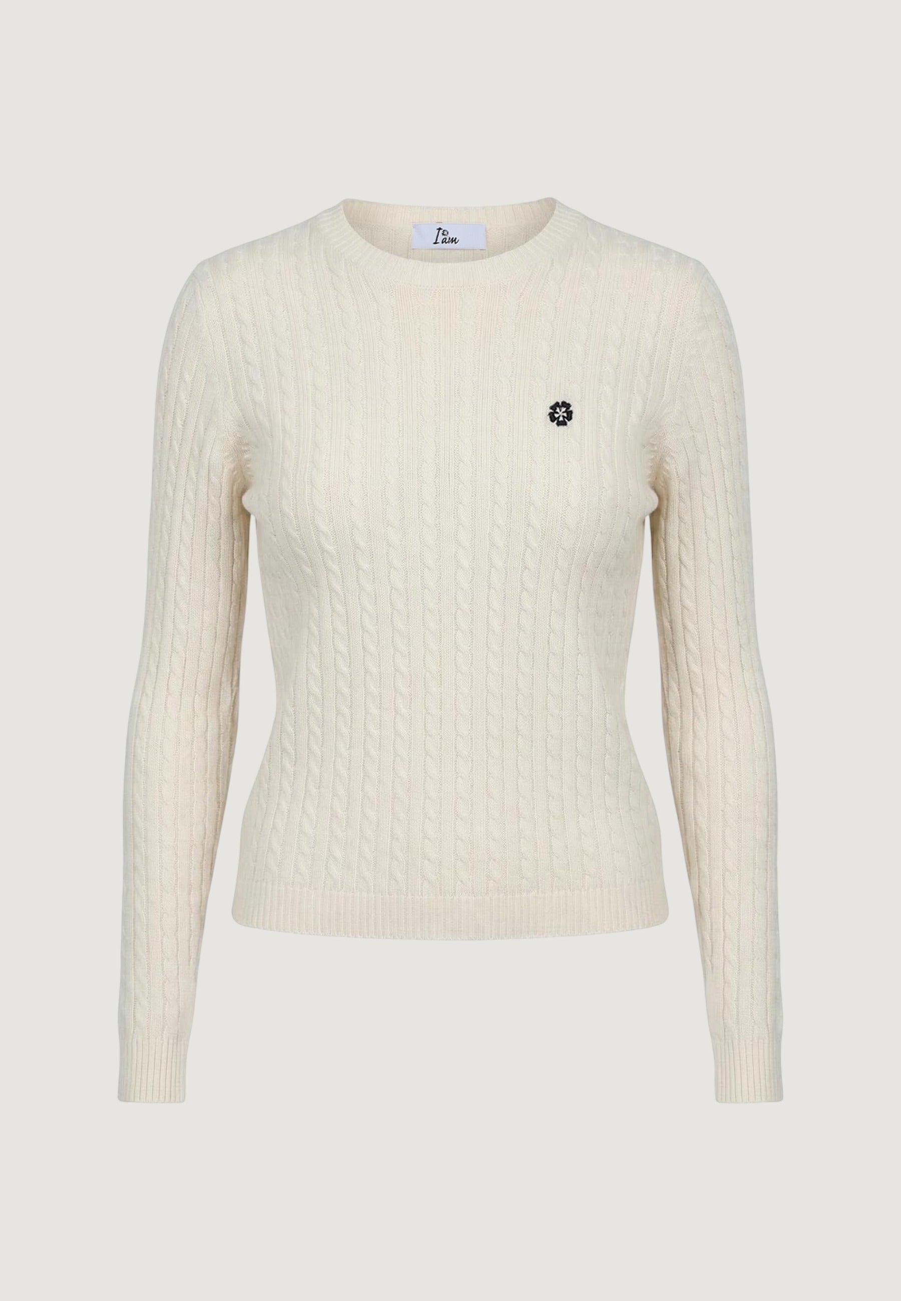 Maglione Girocollo giro treccia + ricamo fiore 26234 Panna