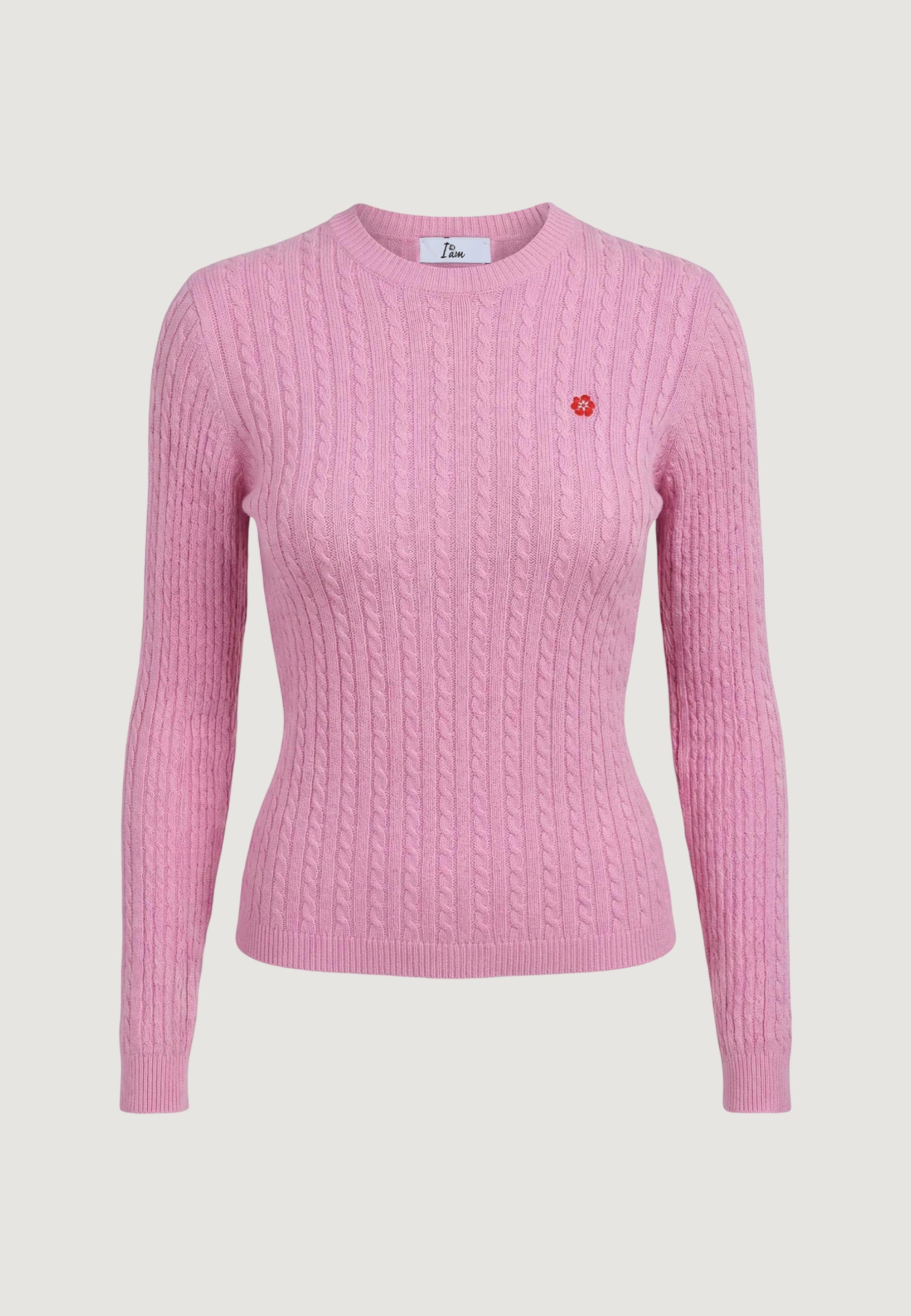 Maglione Girocollo giro treccia + ricamo fiore 26234 Rosa