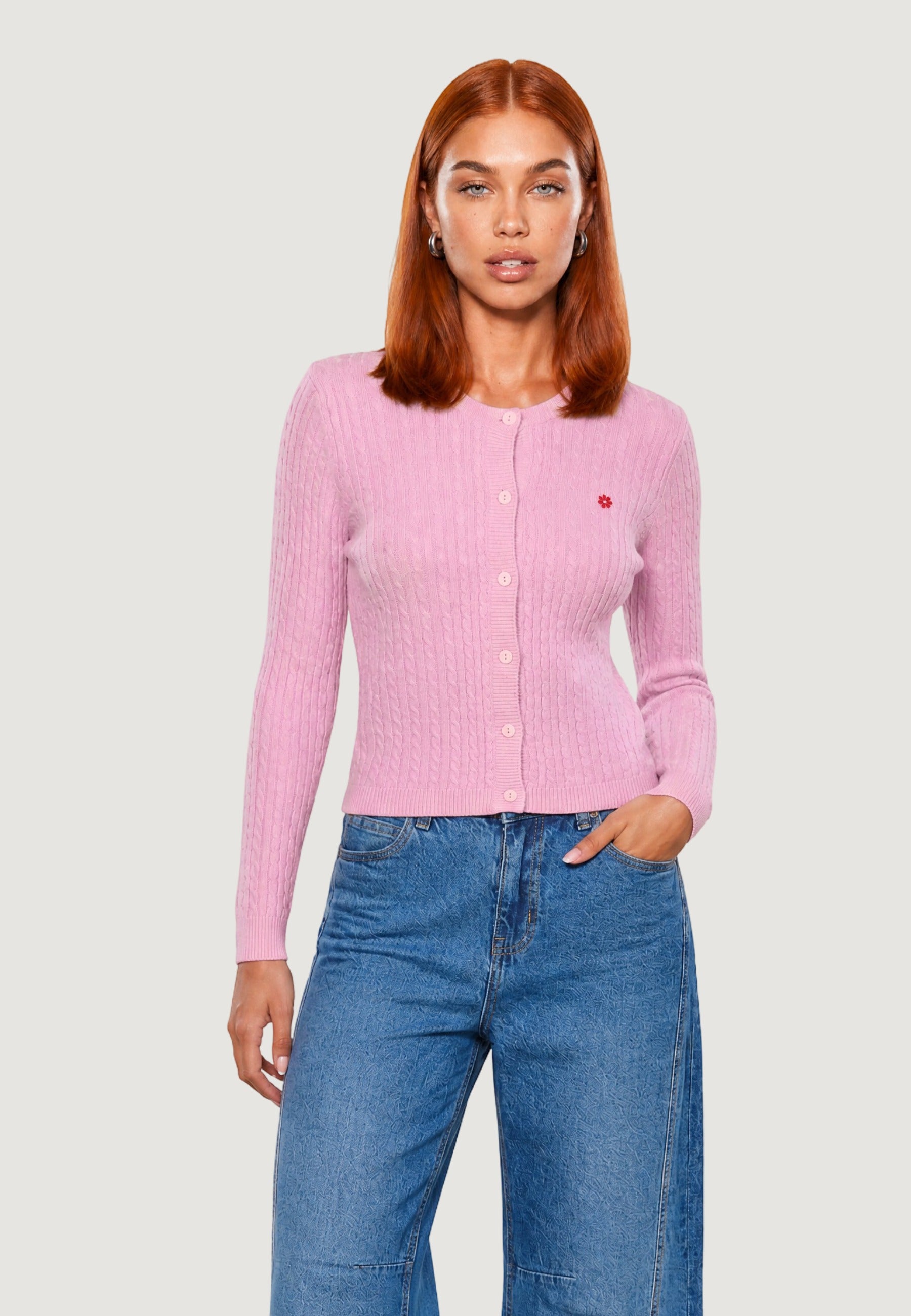Cardigan cardigan trecce + ricamo fiore 26235 Rosa