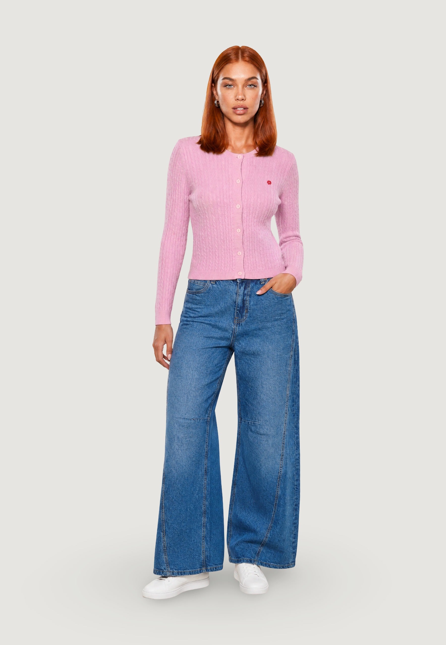 Cardigan cardigan trecce + ricamo fiore 26235 Rosa