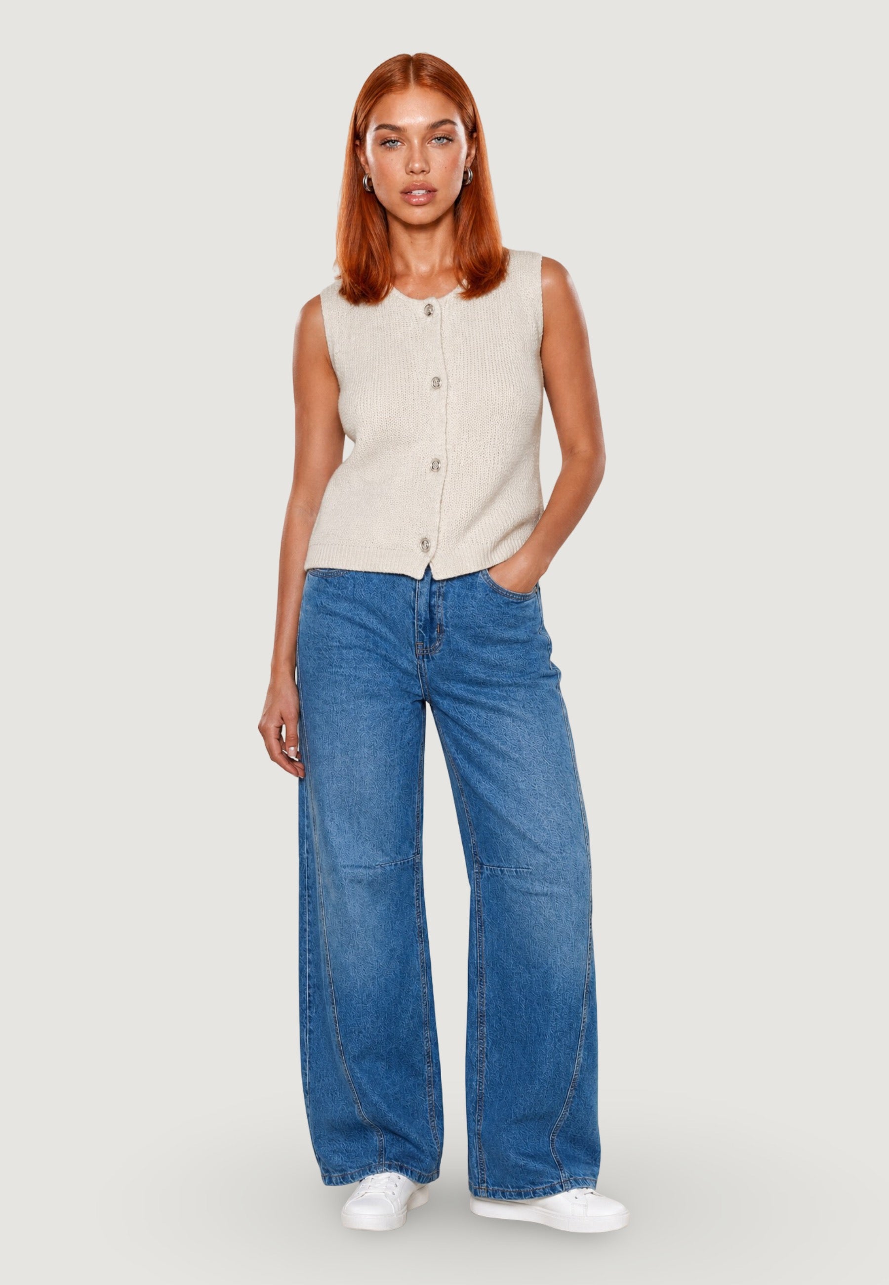 Cardigan pull s/maniche 26239 Panna