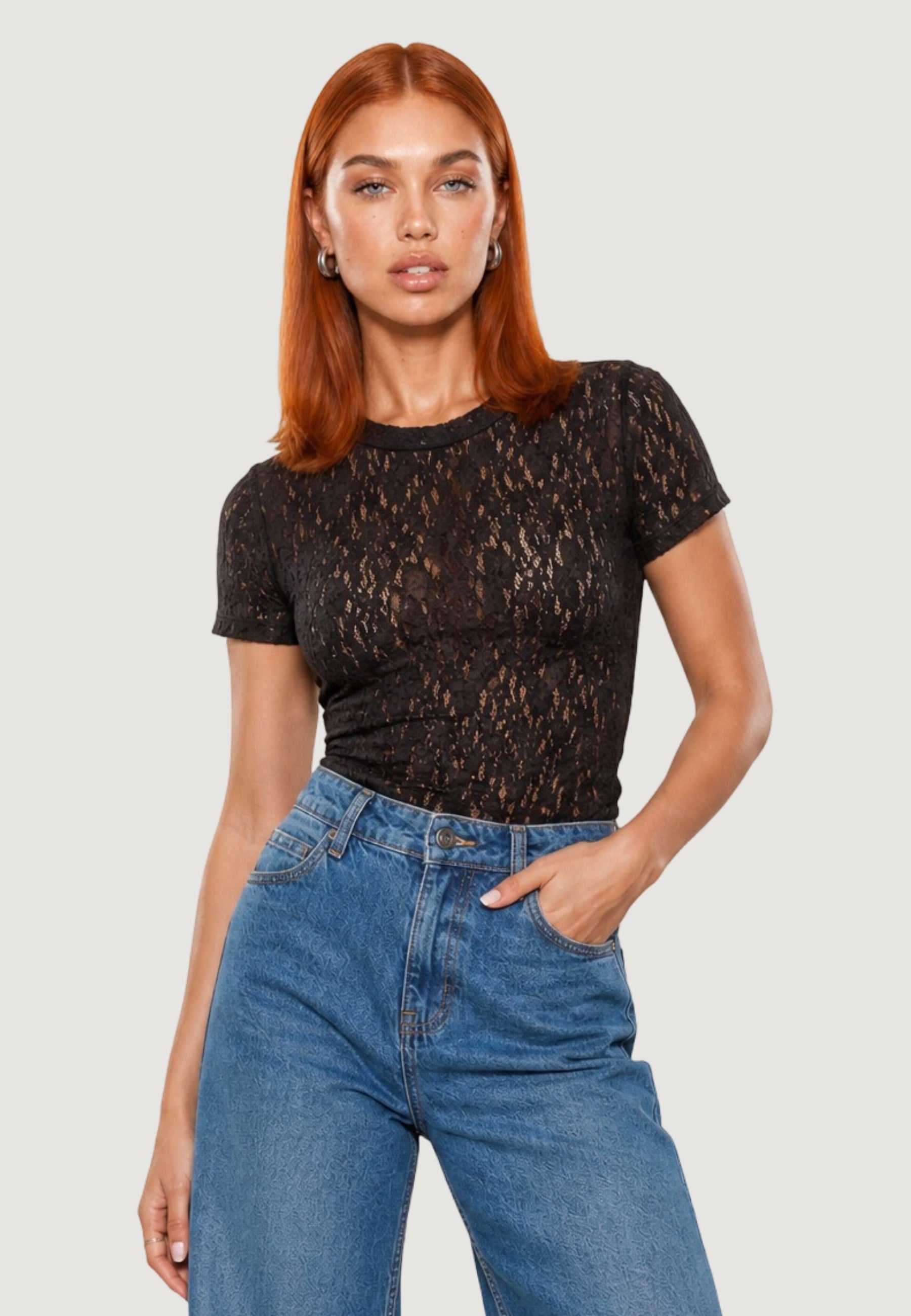 T-shirt a Maniche Corte top in pizzo 26559-3 Moro