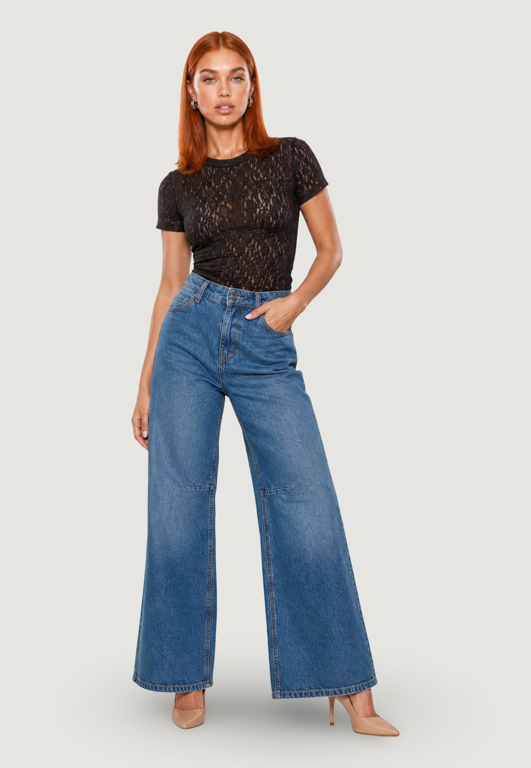 T-shirt a Maniche Corte top in pizzo 26559-3 Moro