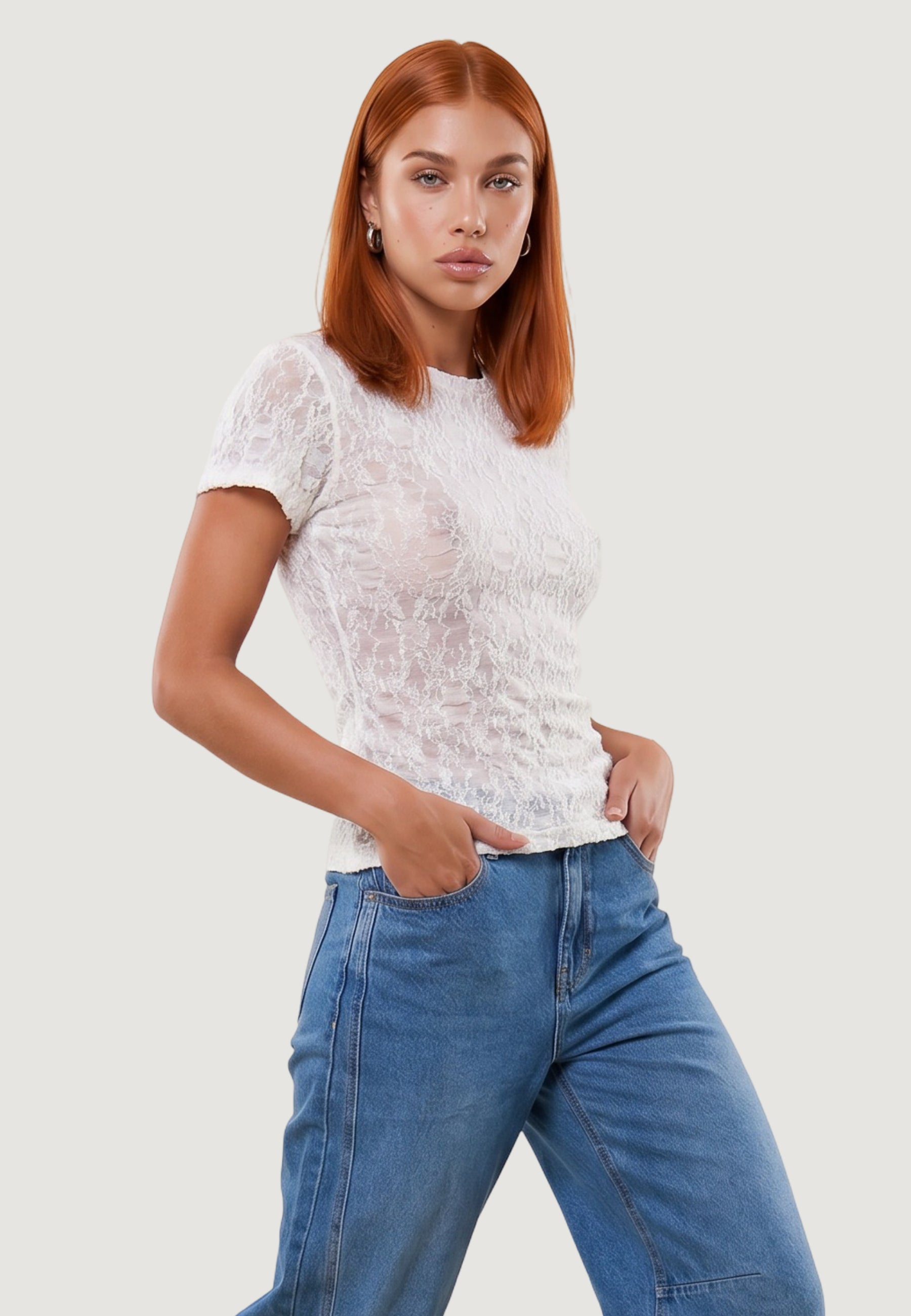 T-shirt a Maniche Corte top in pizzo 26559-3 Panna