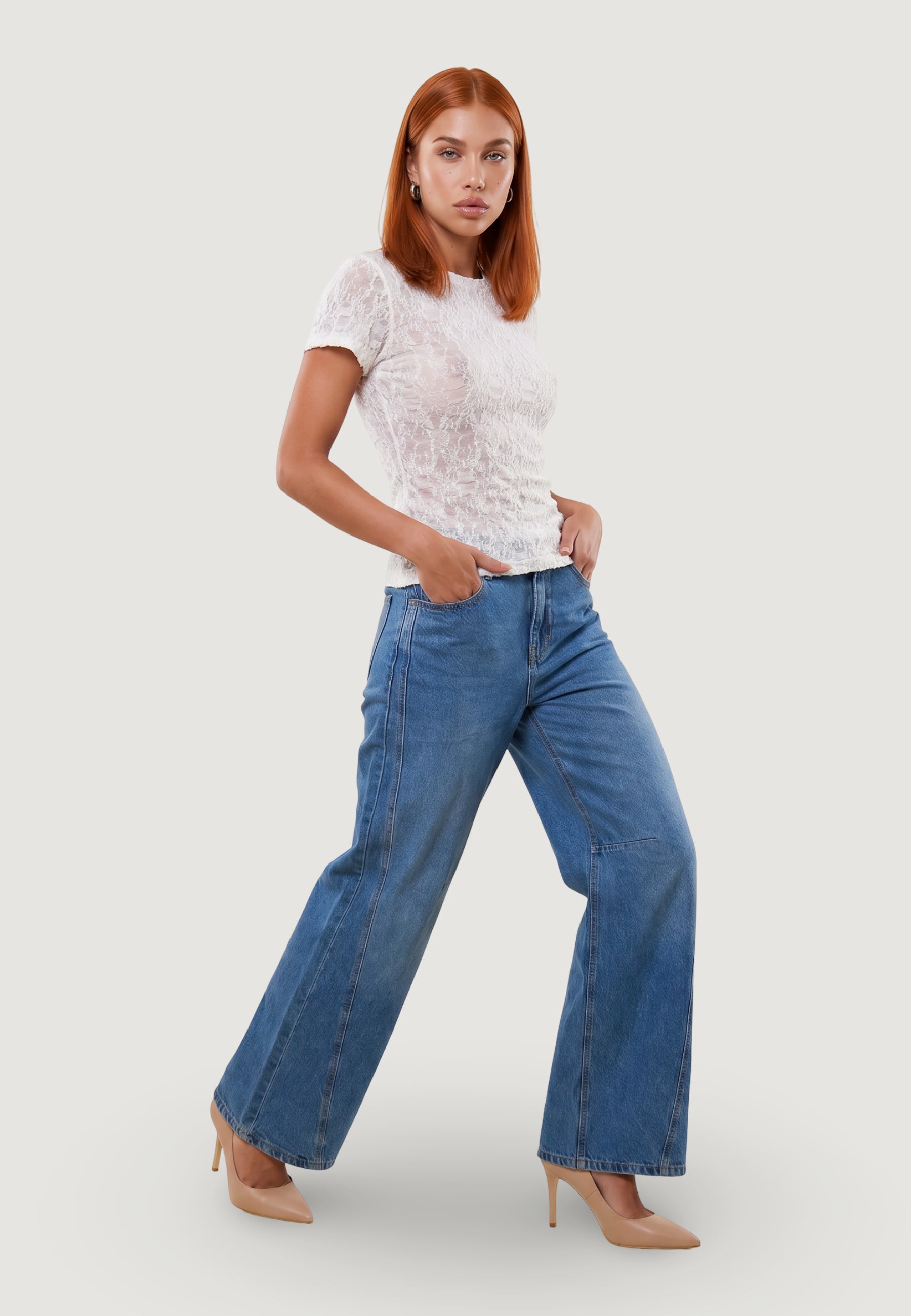 T-shirt a Maniche Corte top in pizzo 26559-3 Panna