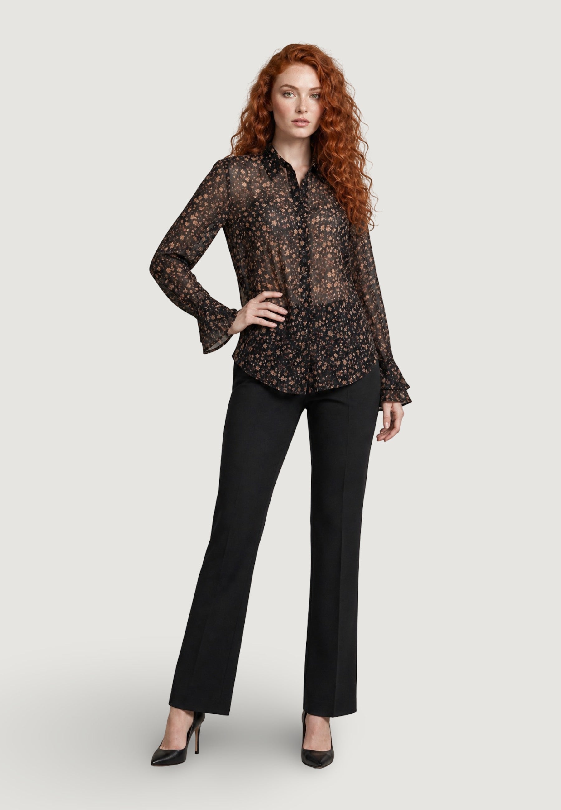 Camicia a Maniche Lunghe camicia basic fantasia in creponne 95242 Fiore Fondo Nero