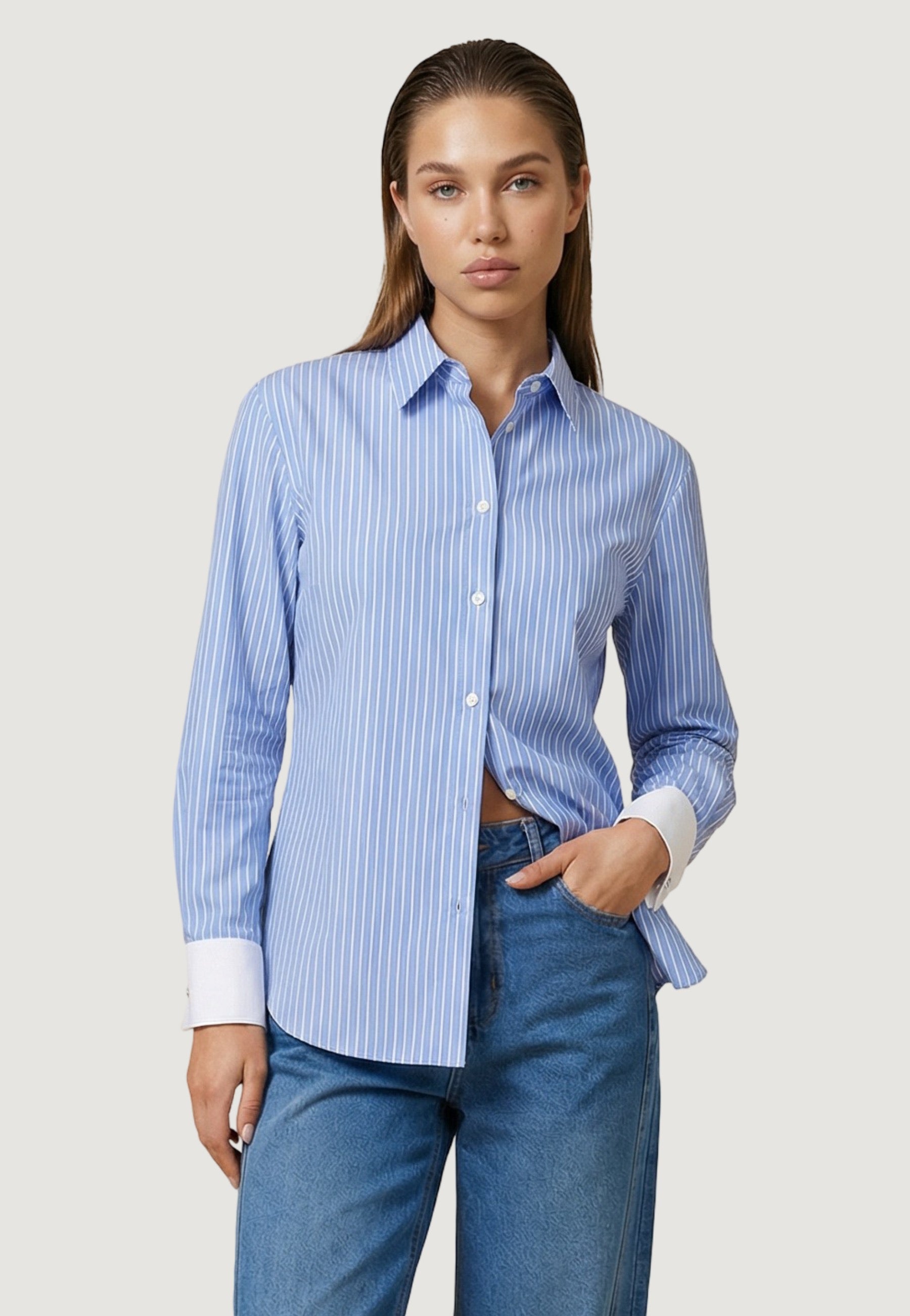 Camicia a Maniche Lunghe camicia con polsini in contrasto PE26072 Celeste