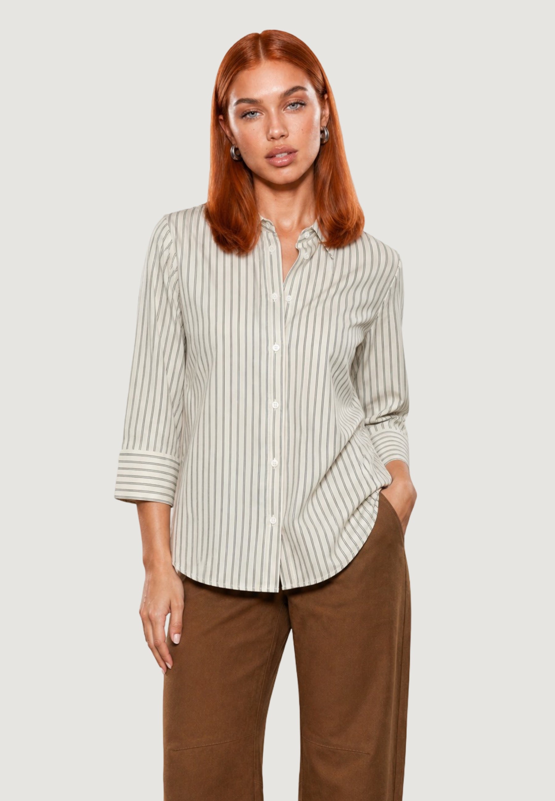 Camicia a Maniche Lunghe camicia gessata popeline PE26074 Panna, nero