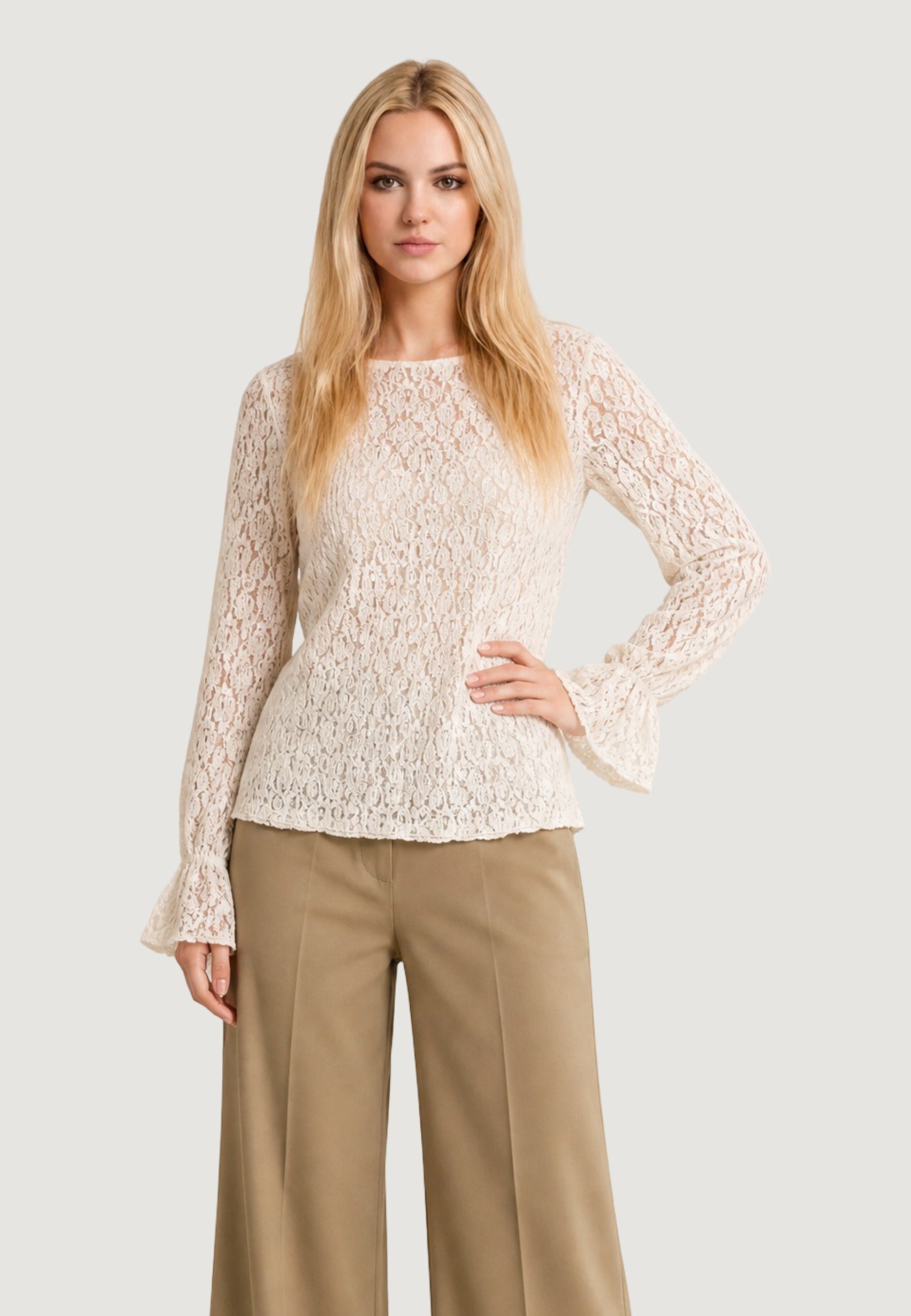 Top top in pizzo elastico c/manica rouches T2517 Beige