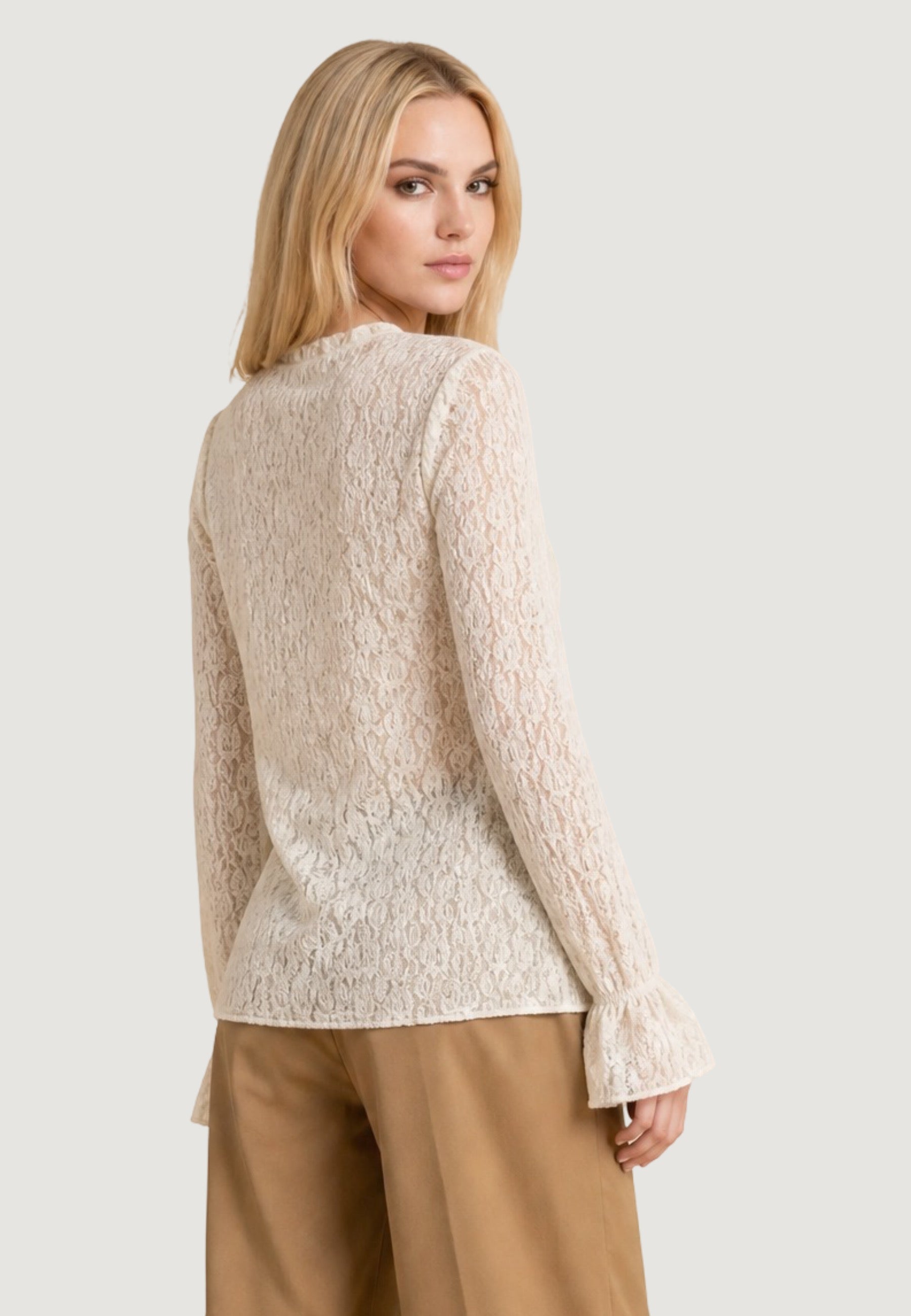 Top top in pizzo elastico c/manica rouches T2517 Beige