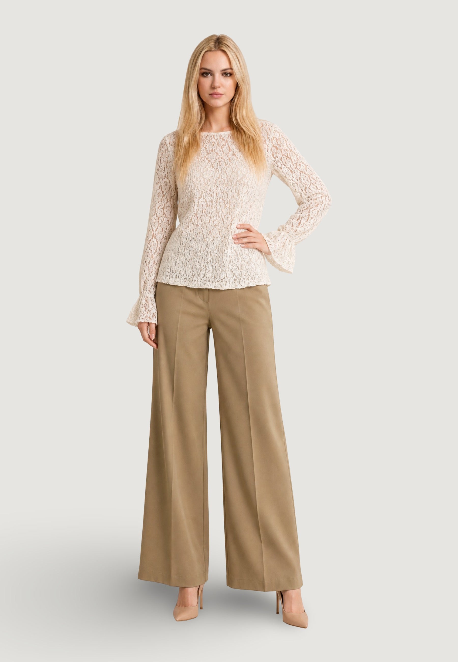 Top top in pizzo elastico c/manica rouches T2517 Beige