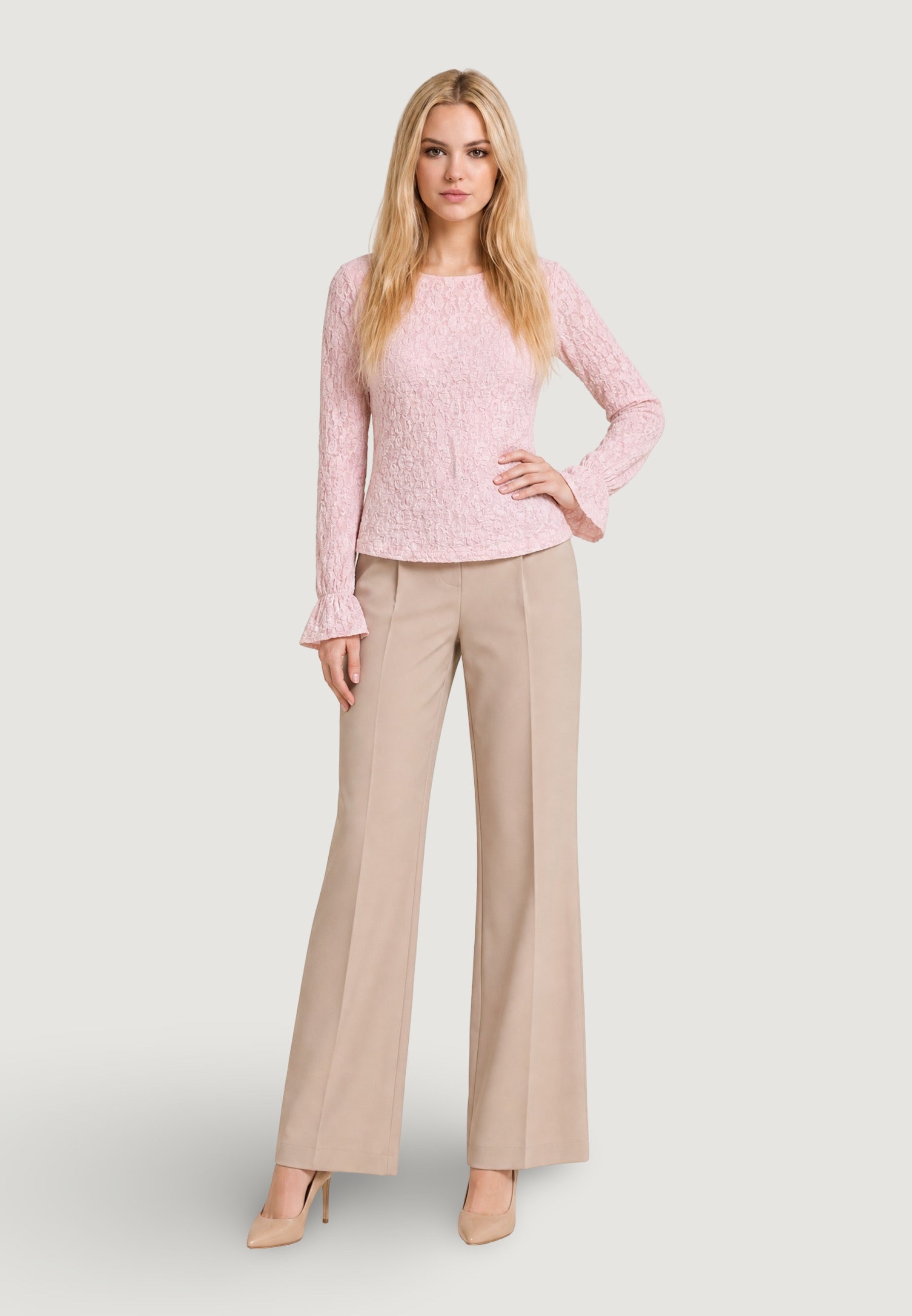 Top top in pizzo elastico c/manica rouches T2517 Cipria