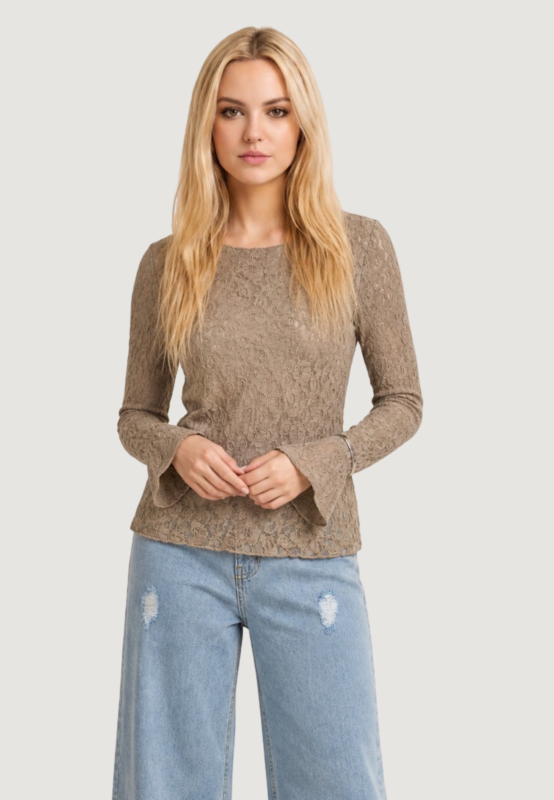 Top top in pizzo elastico c/manica rouches T2517 Fango