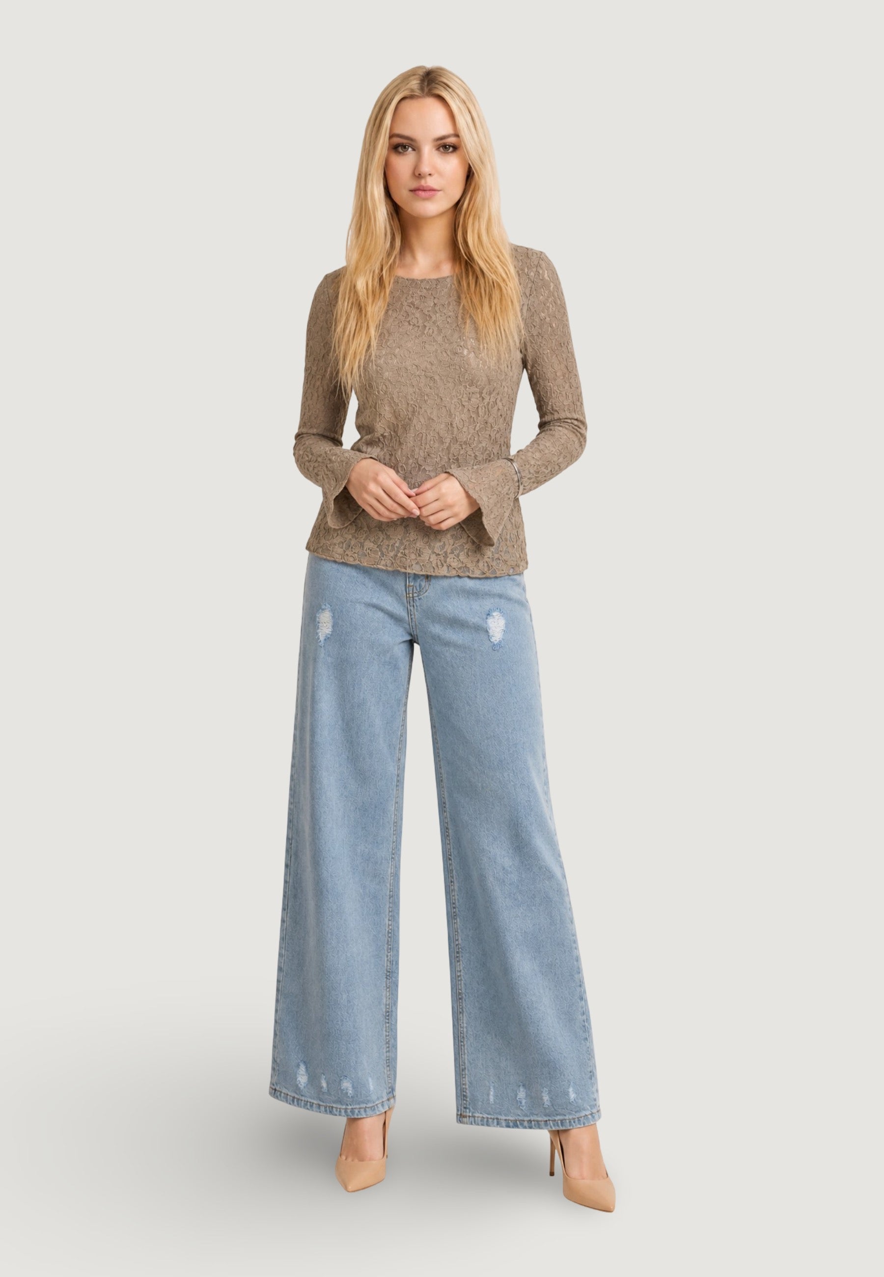 Top top in pizzo elastico c/manica rouches T2517 Fango
