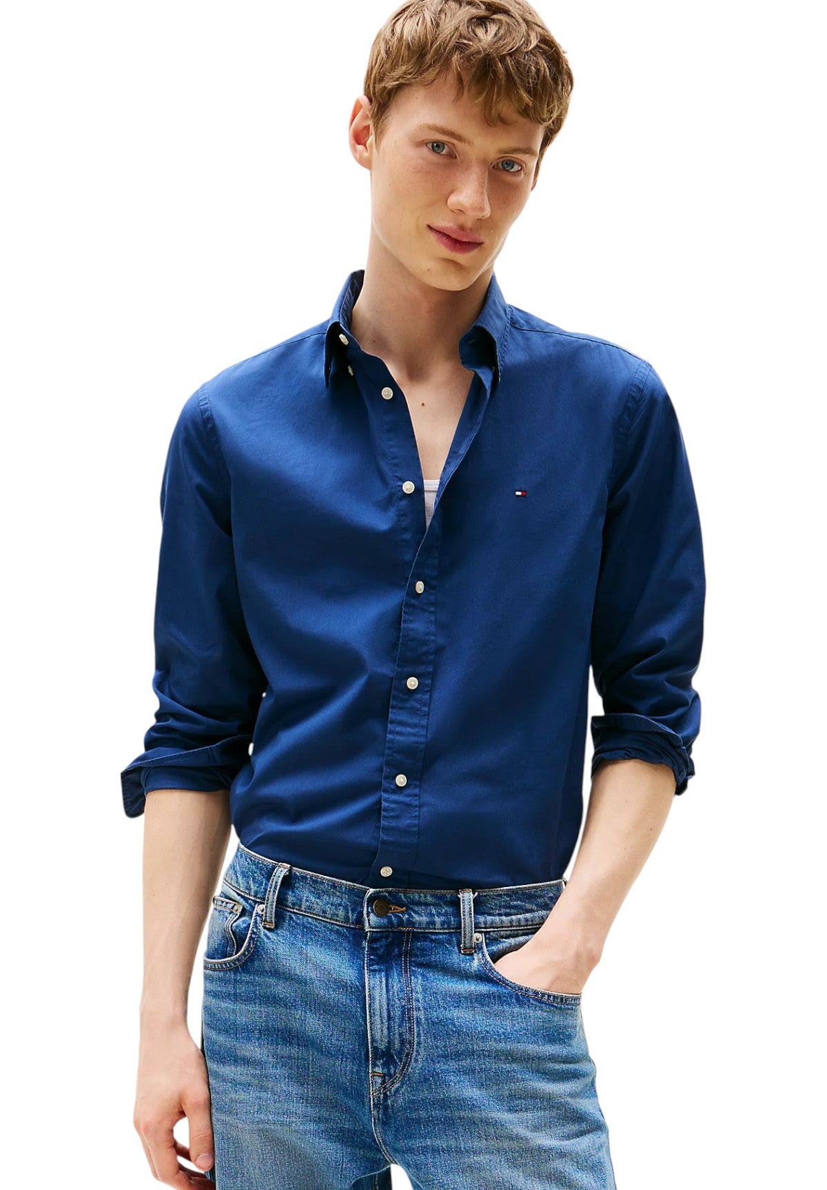 Camicia a Maniche Lunghe Flex Poplin Solid Rf MW0MW37550 Aegean Sea