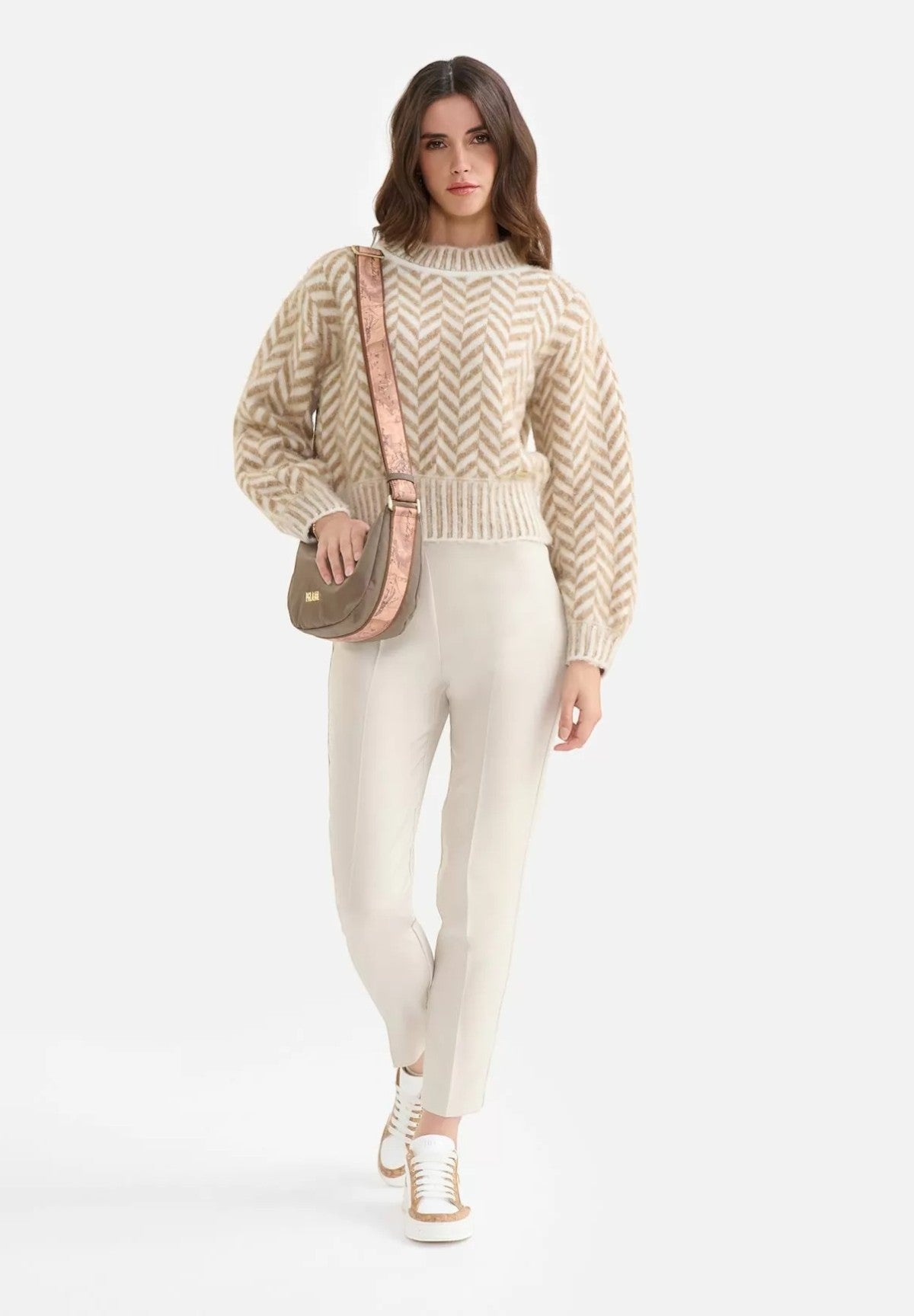 Maglione Girocollo 7033 Bianco, Cammello