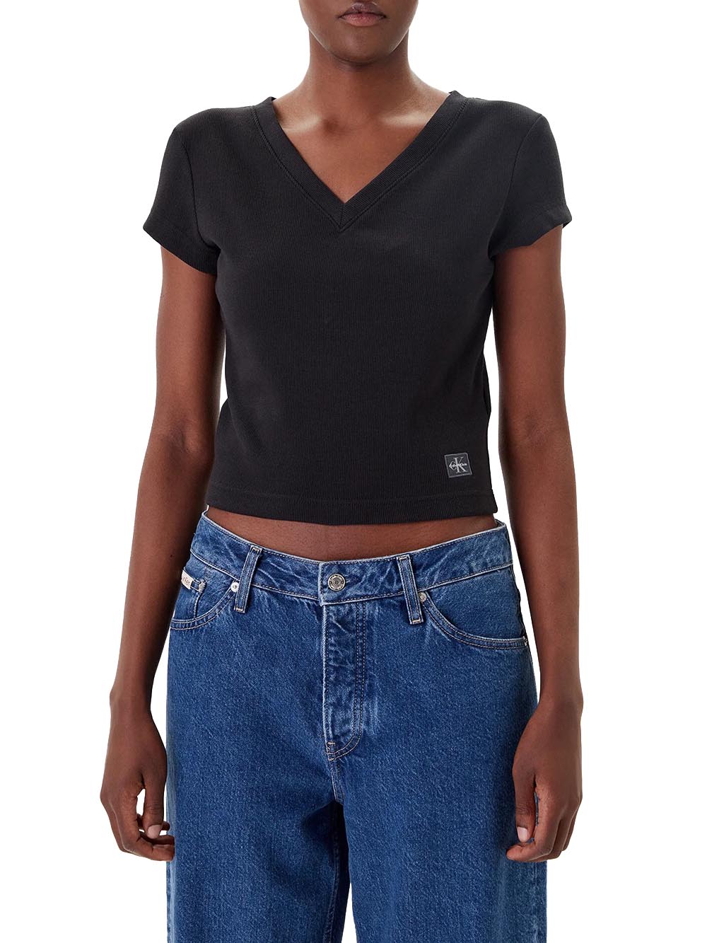 T-shirt con Scollo a V A- Ss Woven Label Ri LV047C910G Black