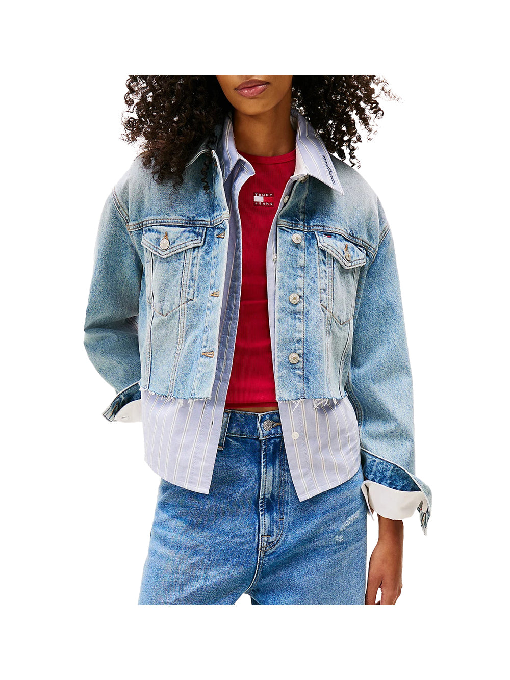 Giubbino di Jeans Croppd Trckr Jkt Rwb DW0DW21063 Denim Mid Light Blue