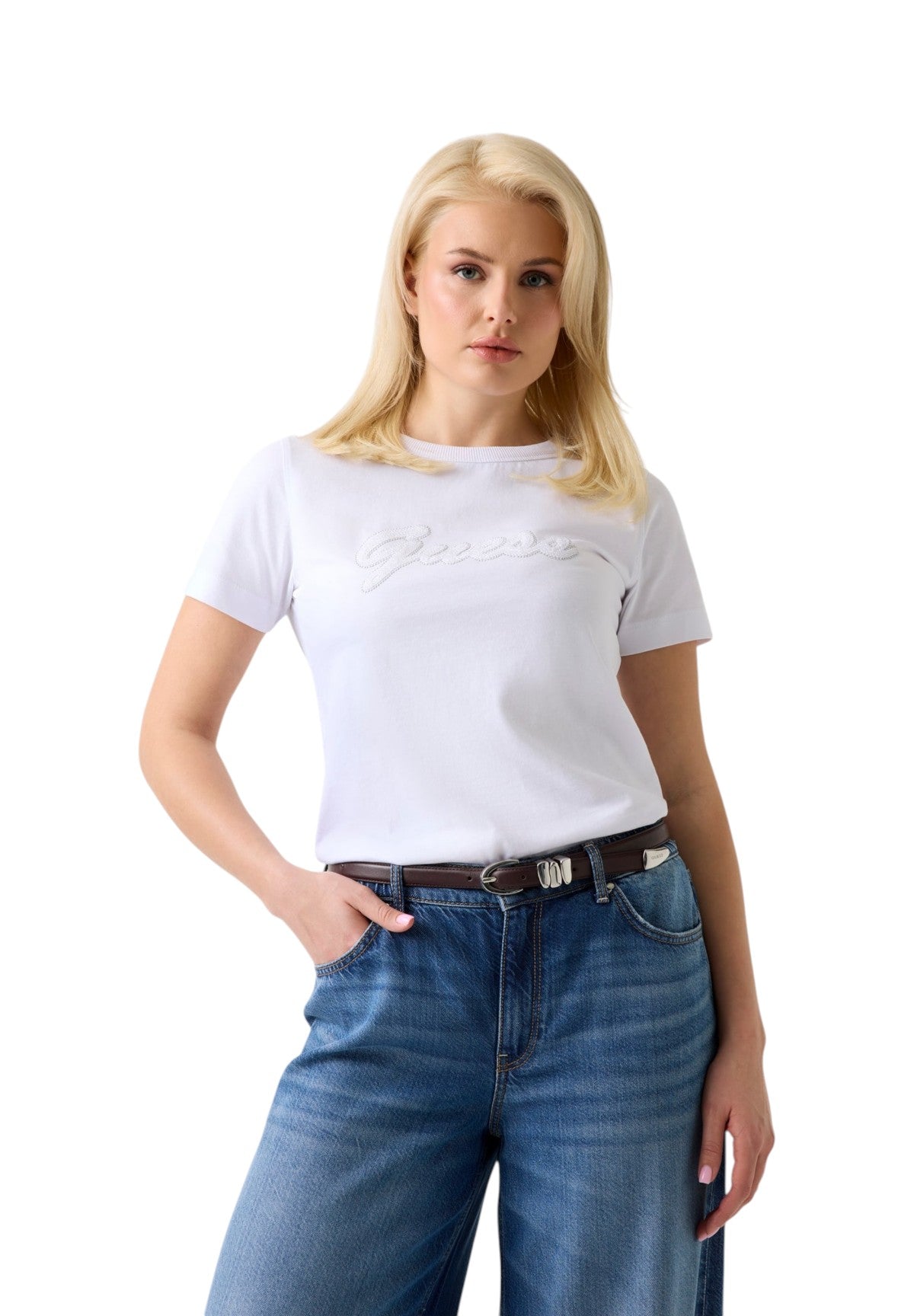 T-shirt a Maniche Corte Ss Cn 3D Guess Script Tee W6GI08 Pure White