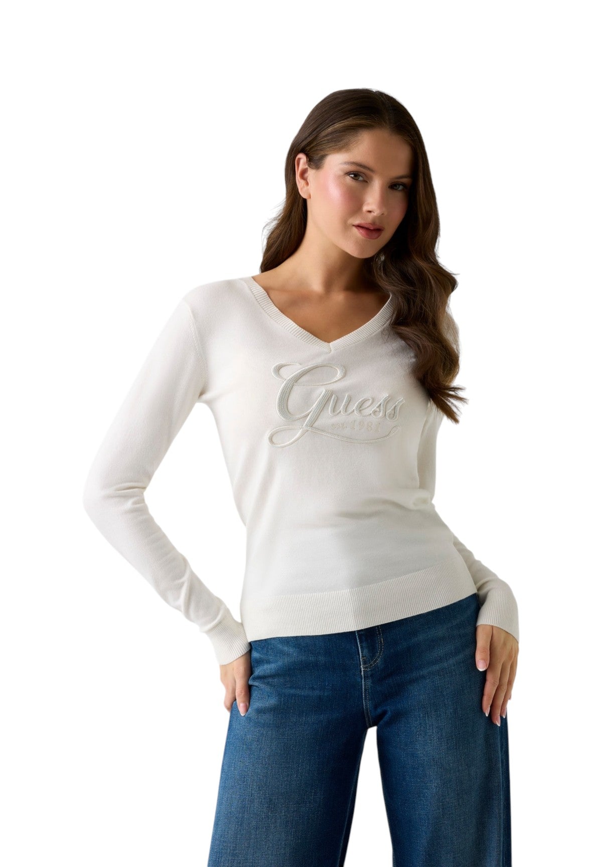 Maglione con Scollo a V Ls Vn Stephanie Logo Swtr W6RR50 Cream White