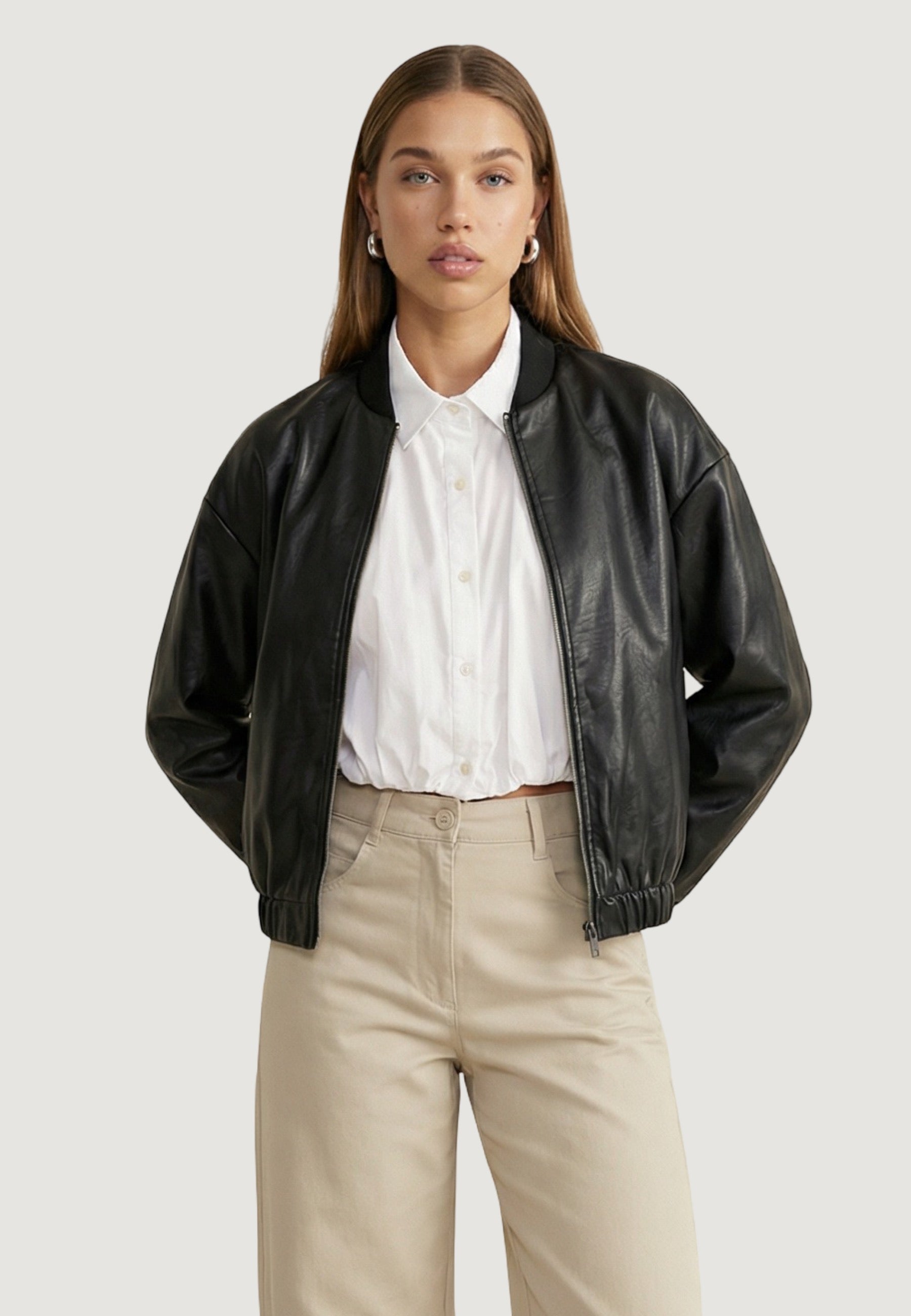 Giubbotto Bomber bomber in ecopelle opaca c/costina tess. al collo 17338 Nero