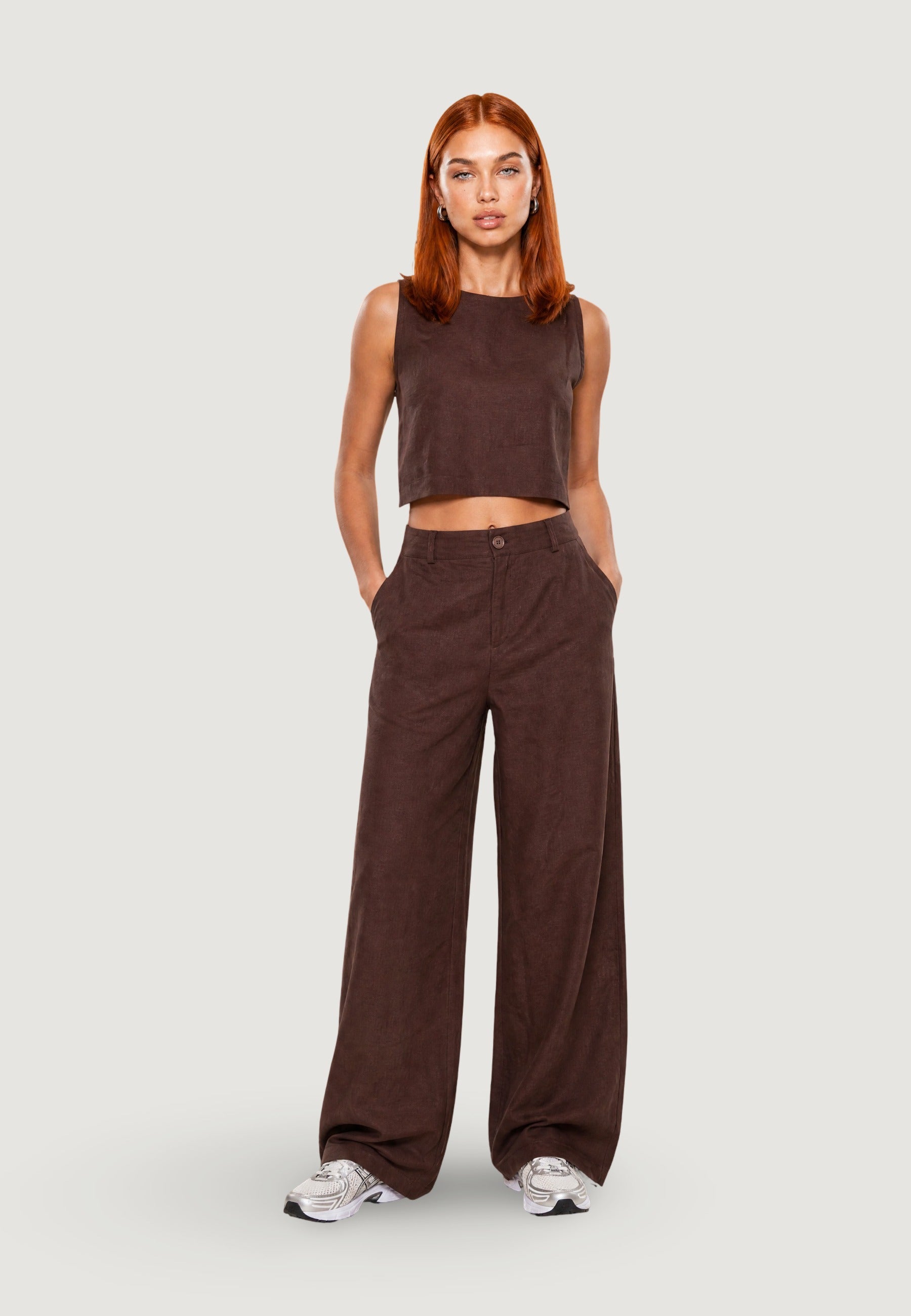 Pantaloni pantalone con zip lino viscosa 17500-3 Moro