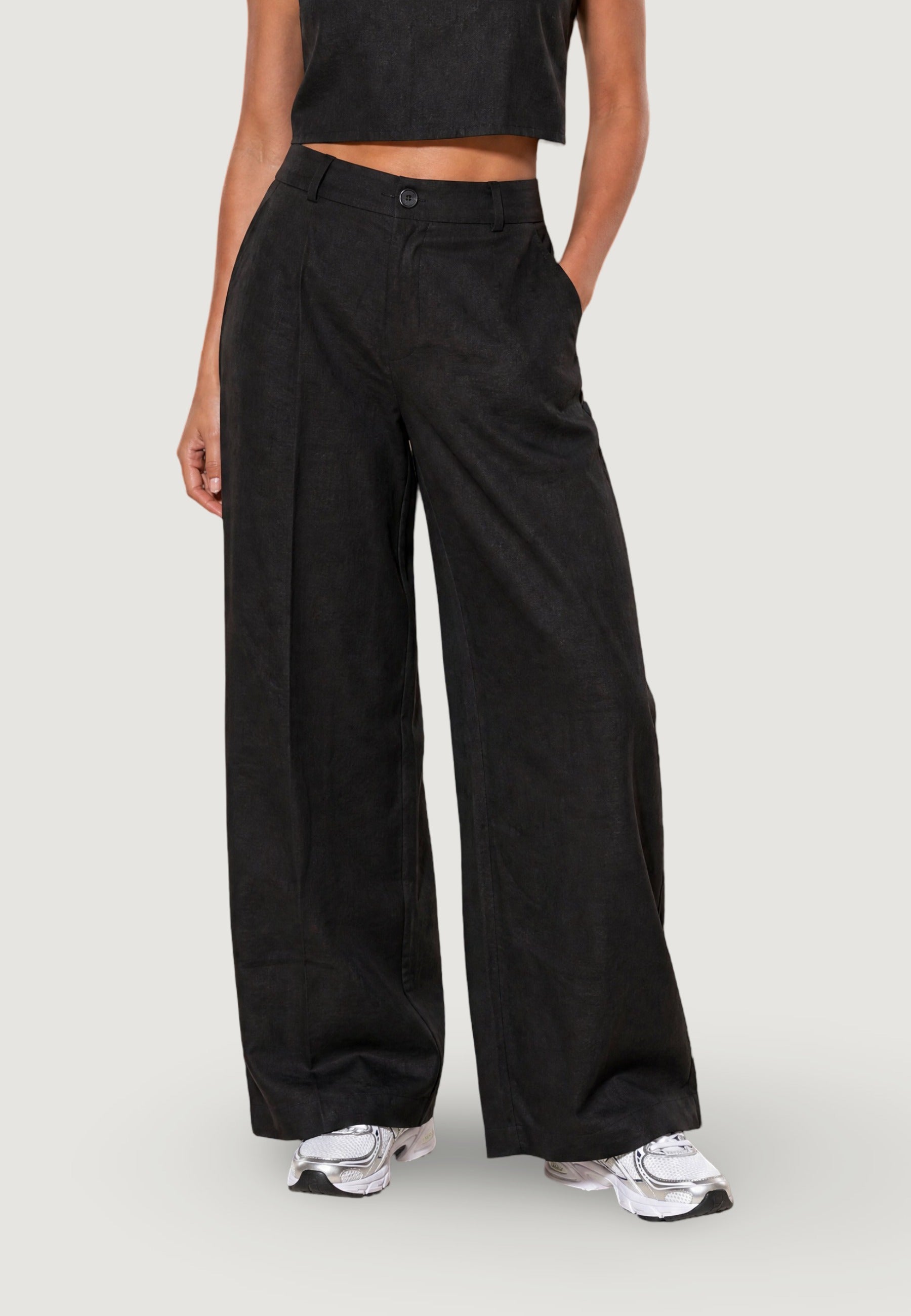 Pantaloni pantalone con zip lino viscosa 17500-3 Nero