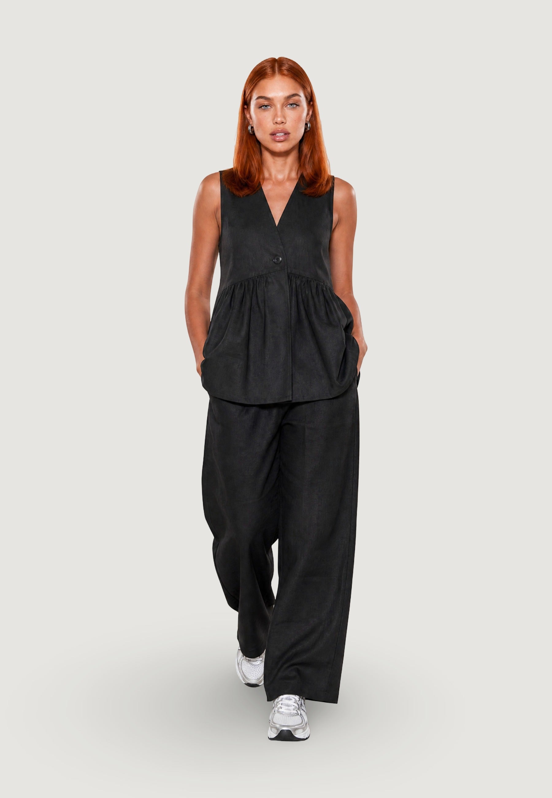 Gilet Elegante gilet con arriccio lino viscosa 17589-3 Nero