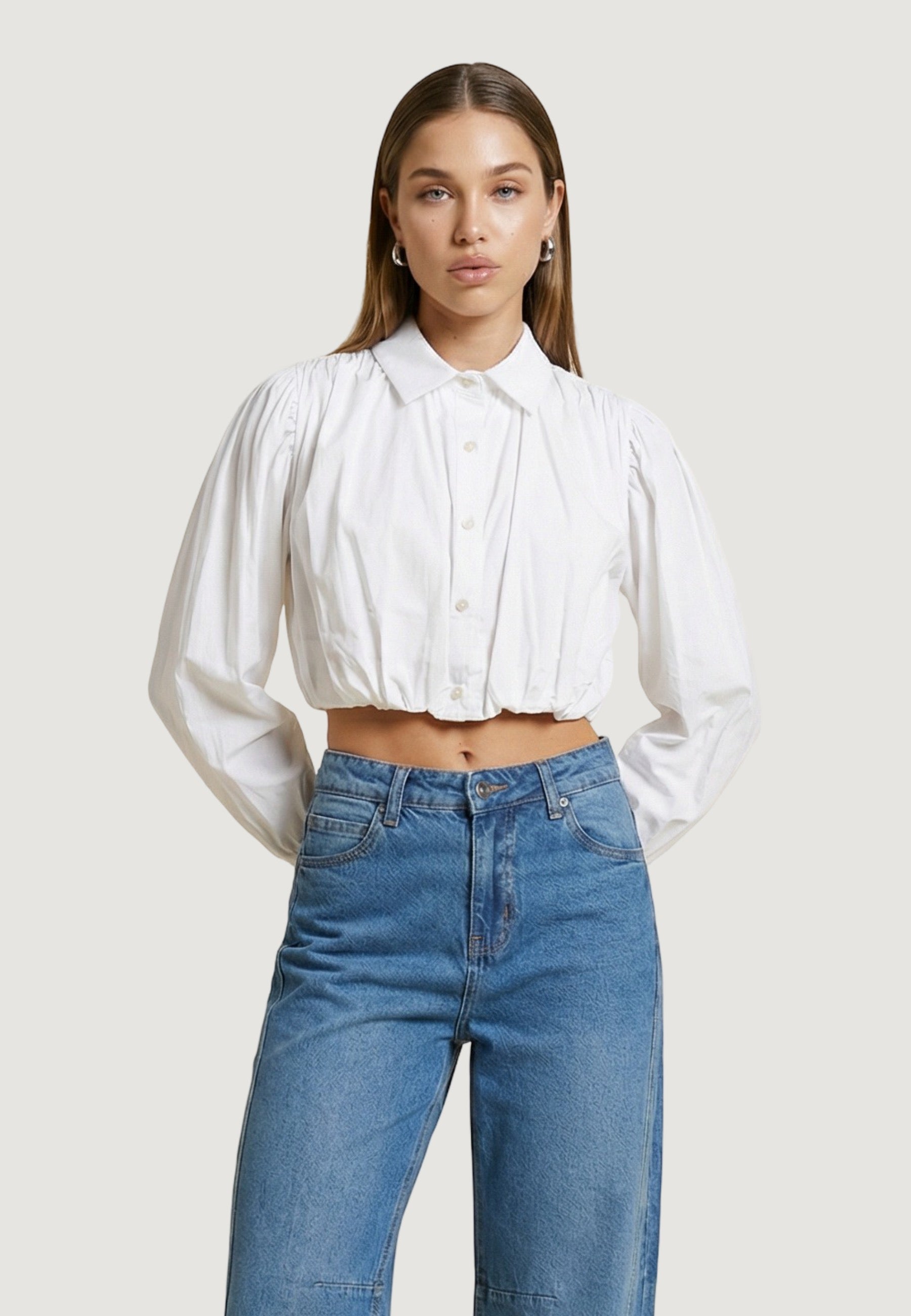 Camicia a Maniche Lunghe camicia palloncino popeline cotone 25543 Bianco