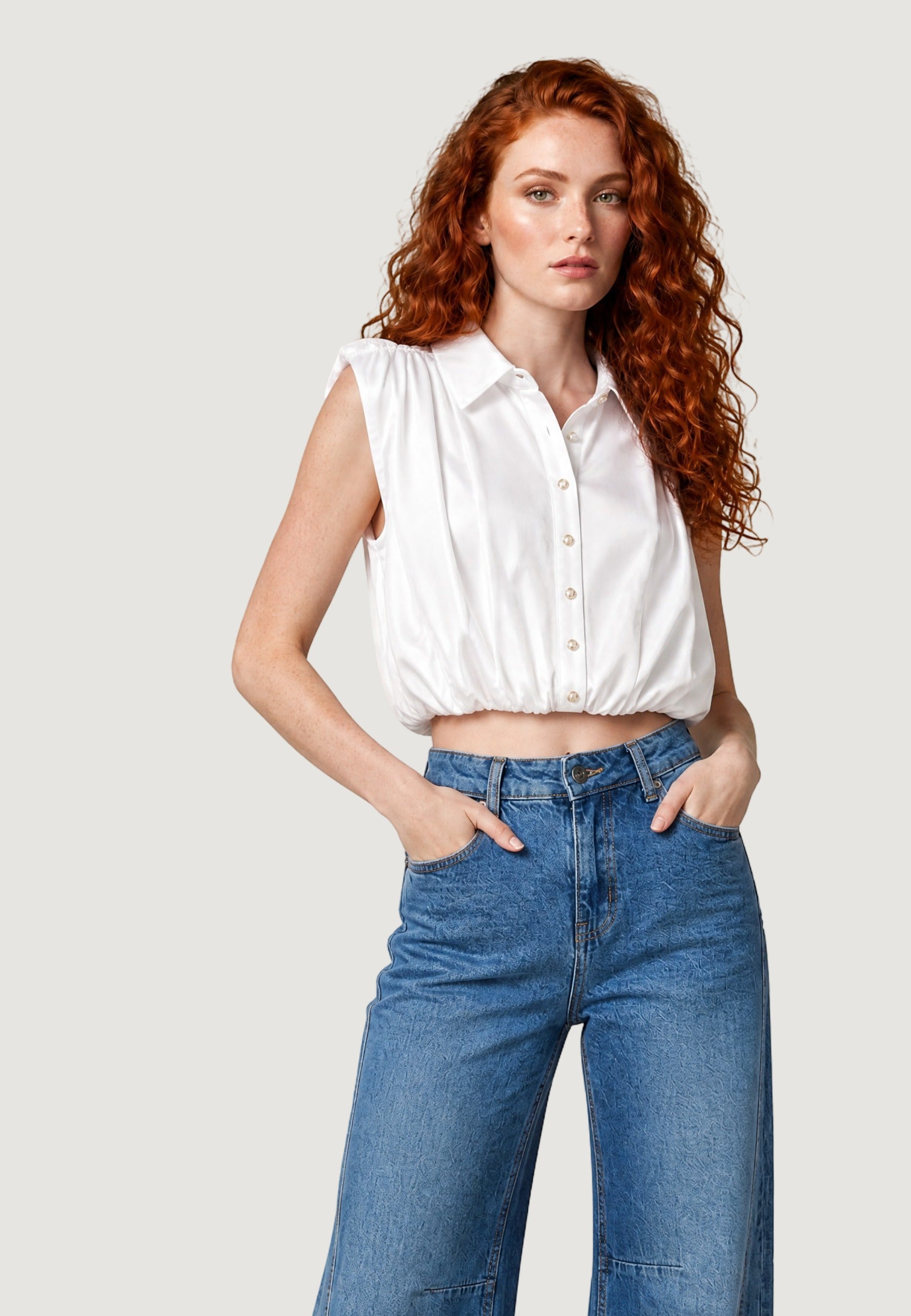 Top camicia crop tencel viole 26104-2 Bianco