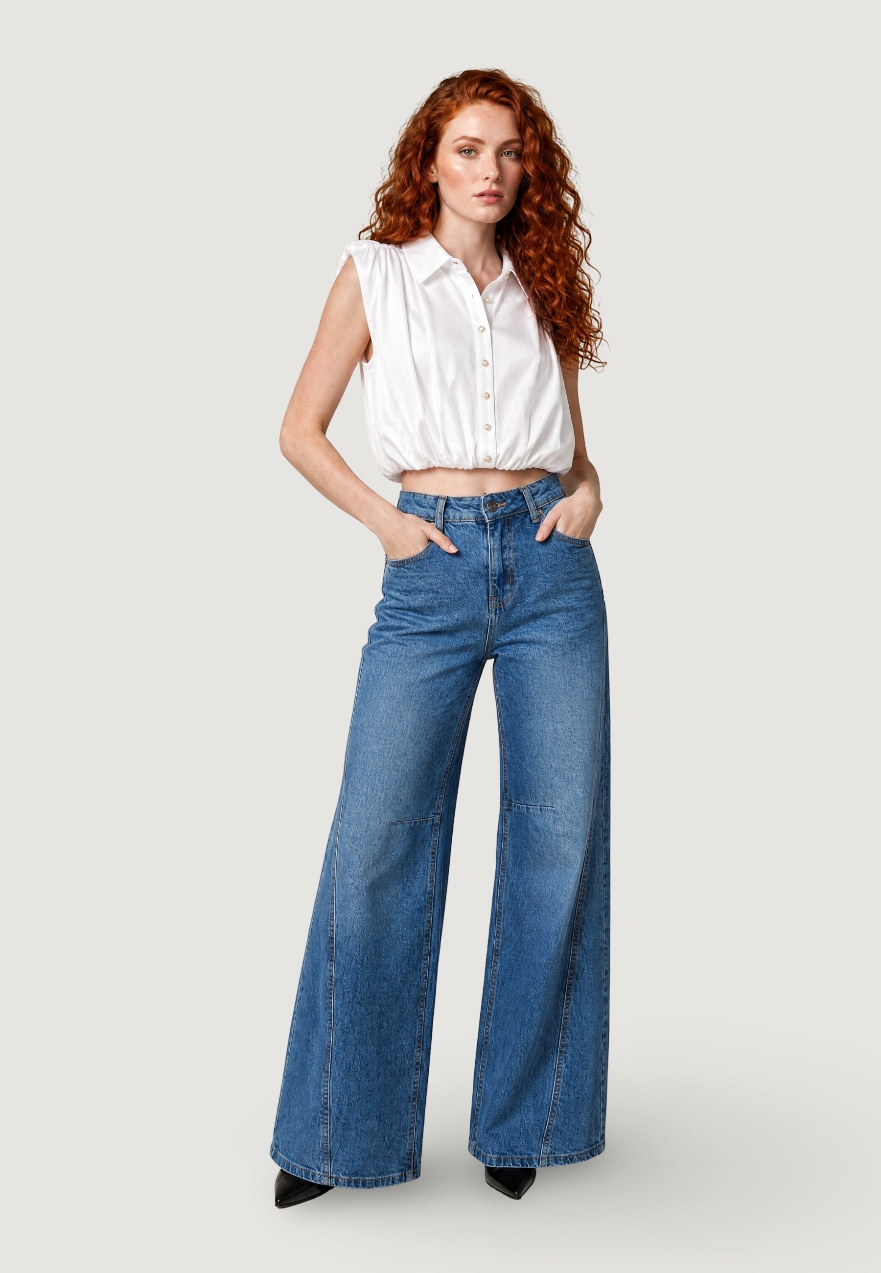 Top camicia crop tencel viole 26104-2 Bianco