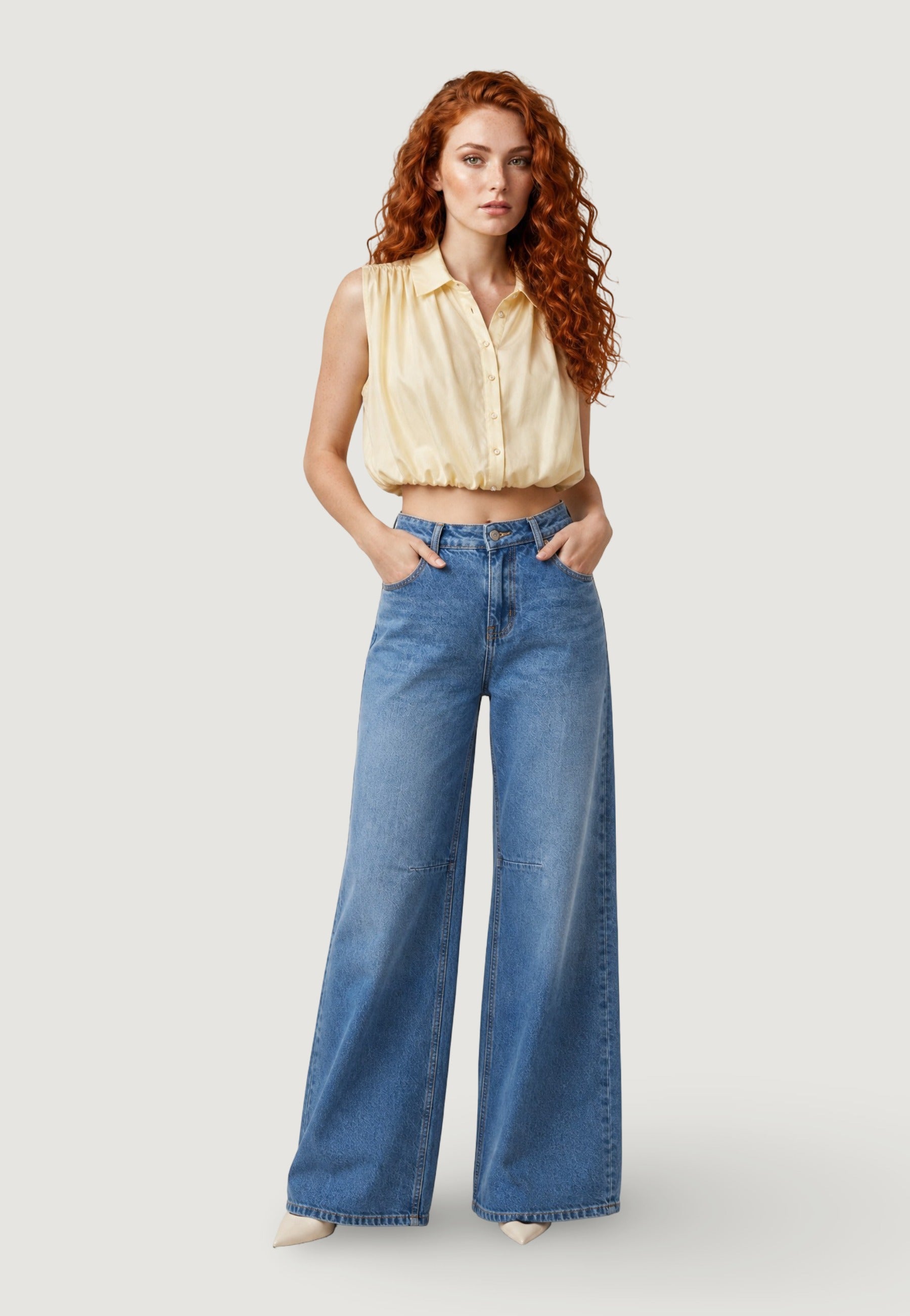 Top camicia crop tencel viole 26104-2 Giallino