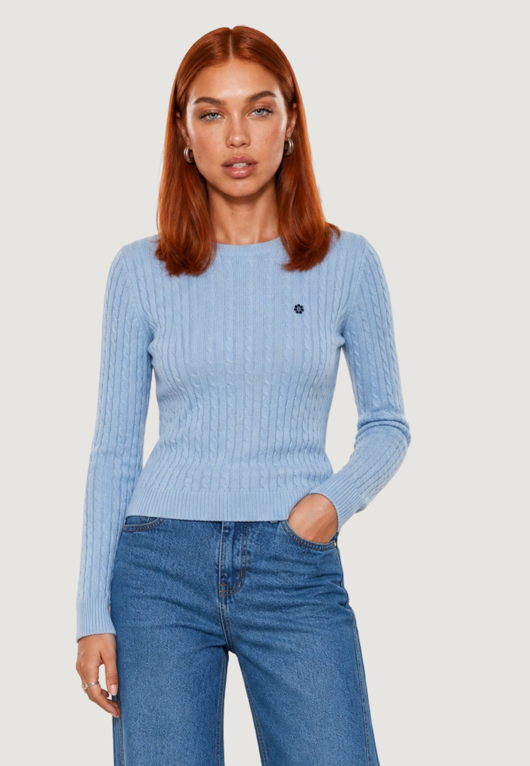 Maglione Girocollo giro treccia + ricamo fiore 26234 Cielo