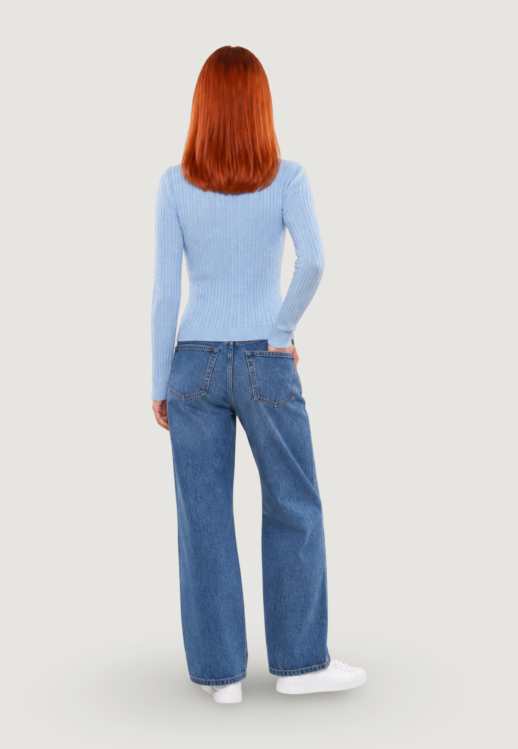 Maglione Girocollo giro treccia + ricamo fiore 26234 Cielo