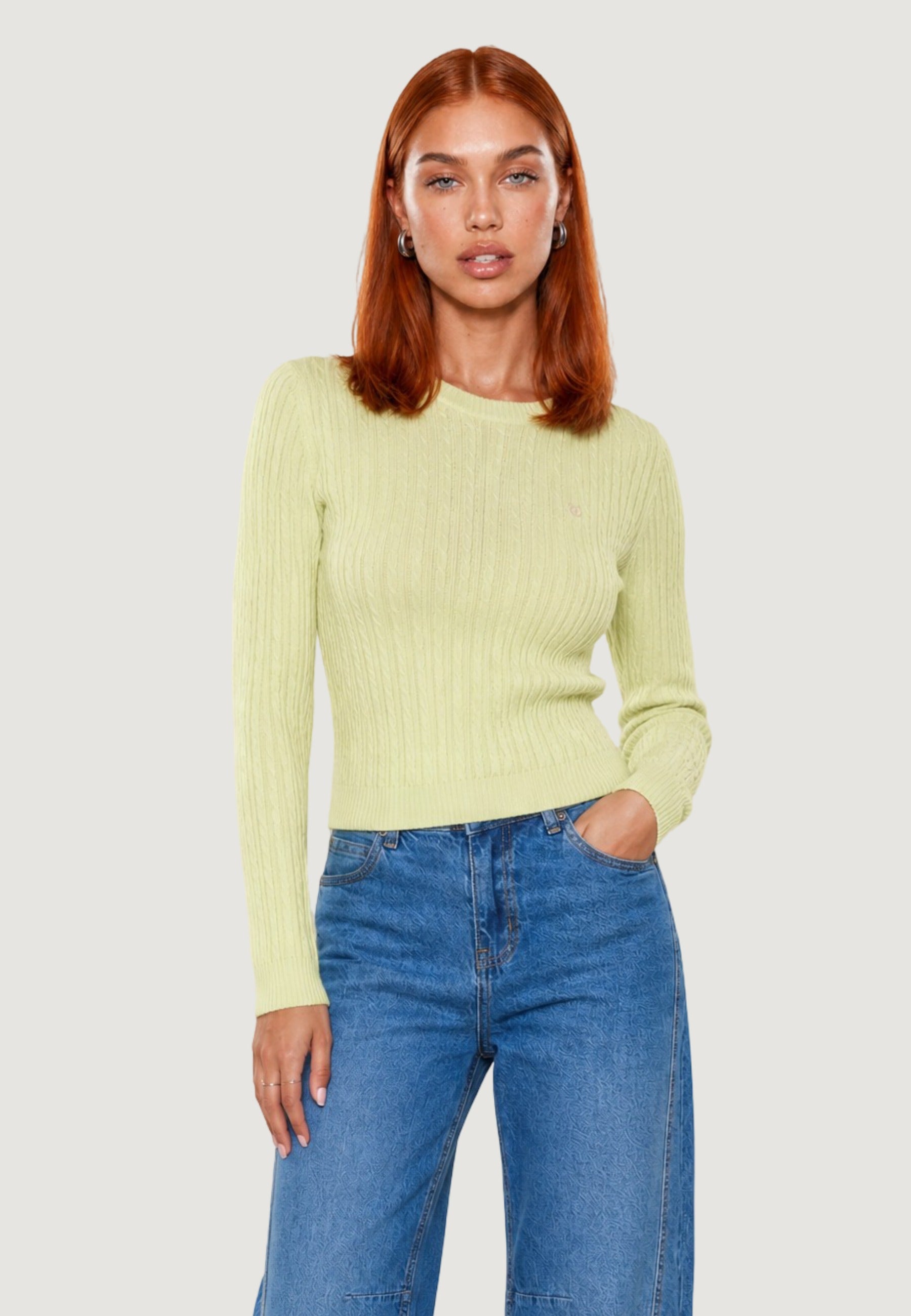 Maglione Girocollo giro treccia + ricamo fiore 26234 Giallo