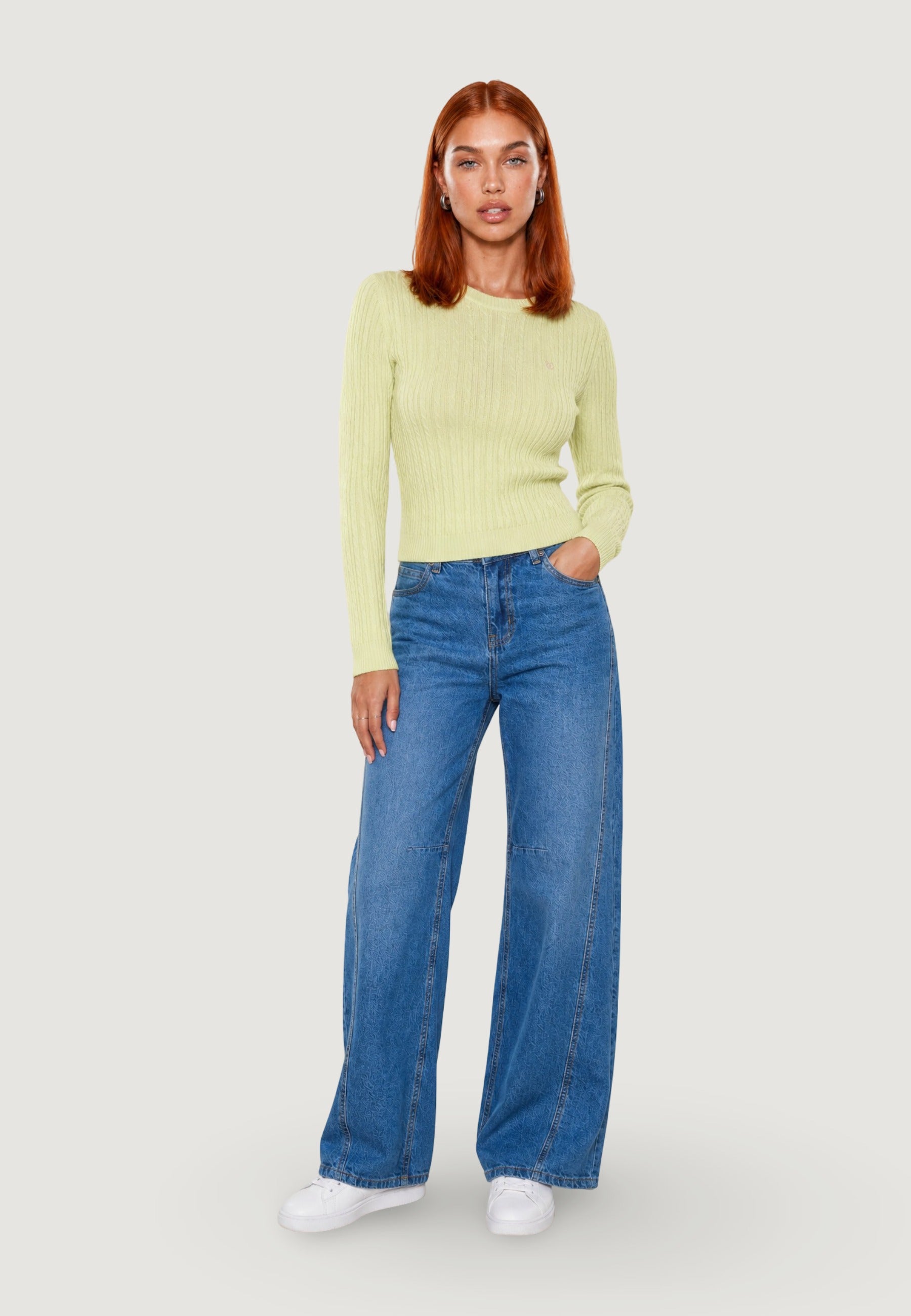 Maglione Girocollo giro treccia + ricamo fiore 26234 Giallo