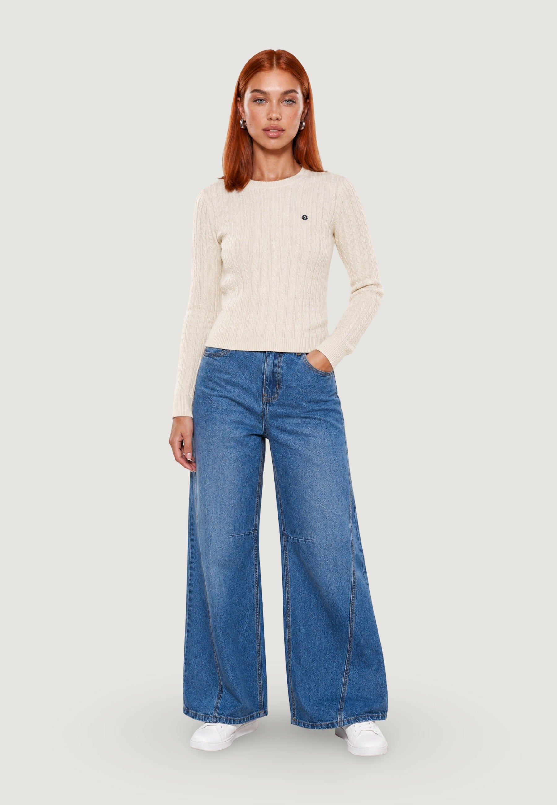 Maglione Girocollo giro treccia + ricamo fiore 26234 Panna