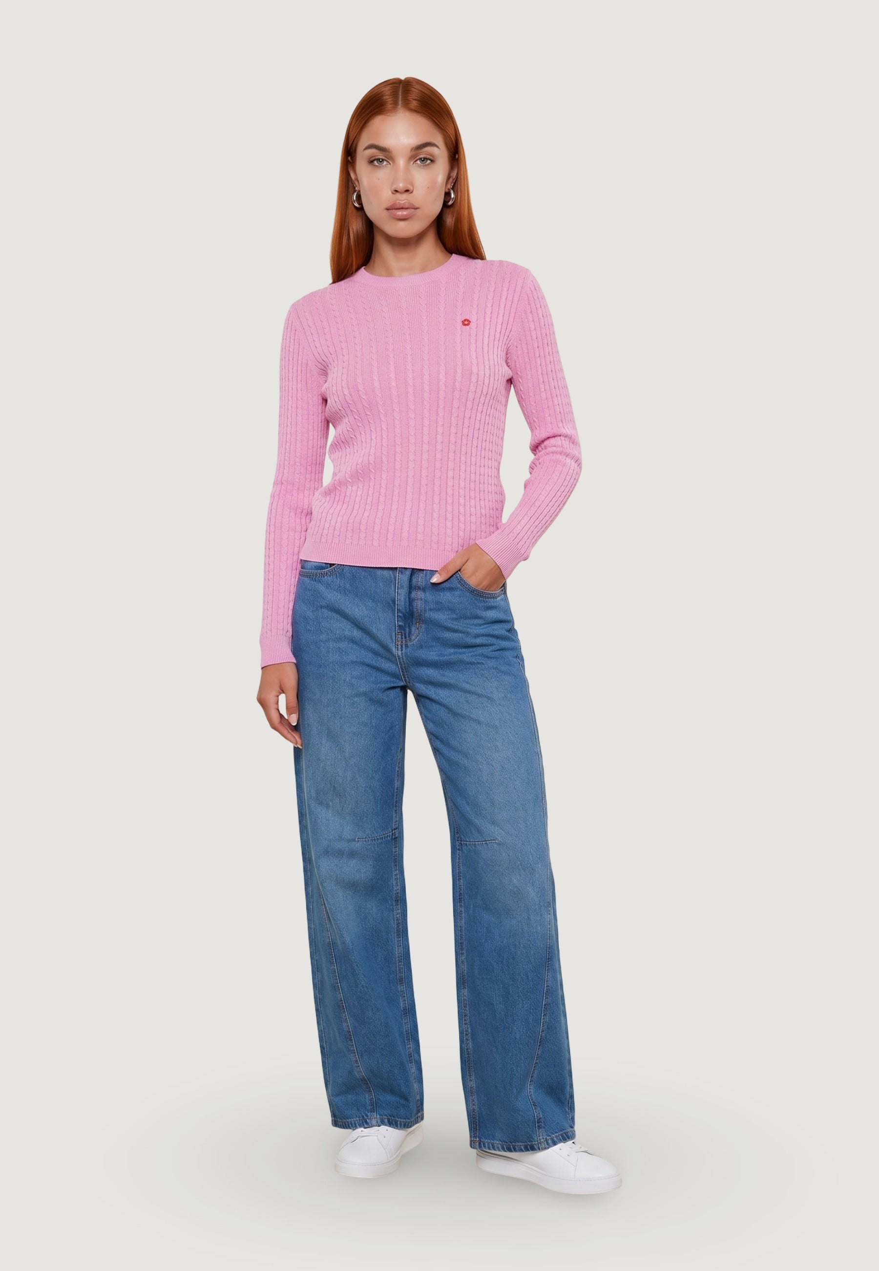 Maglione Girocollo giro treccia + ricamo fiore 26234 Rosa
