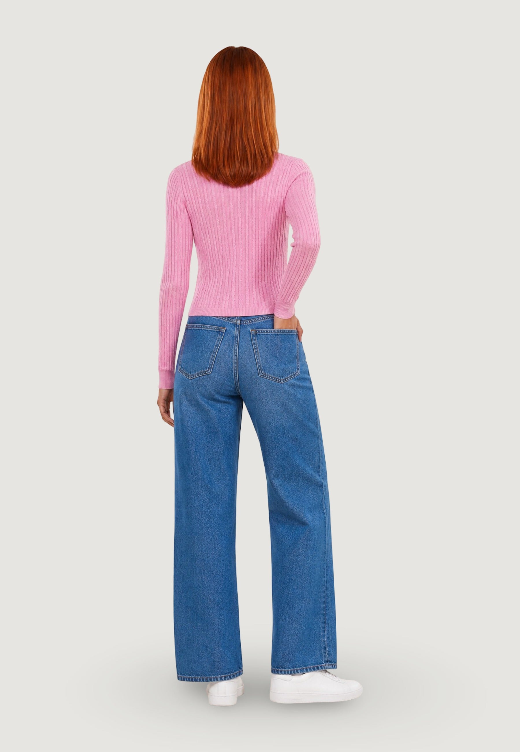 Maglione Girocollo giro treccia + ricamo fiore 26234 Rosa