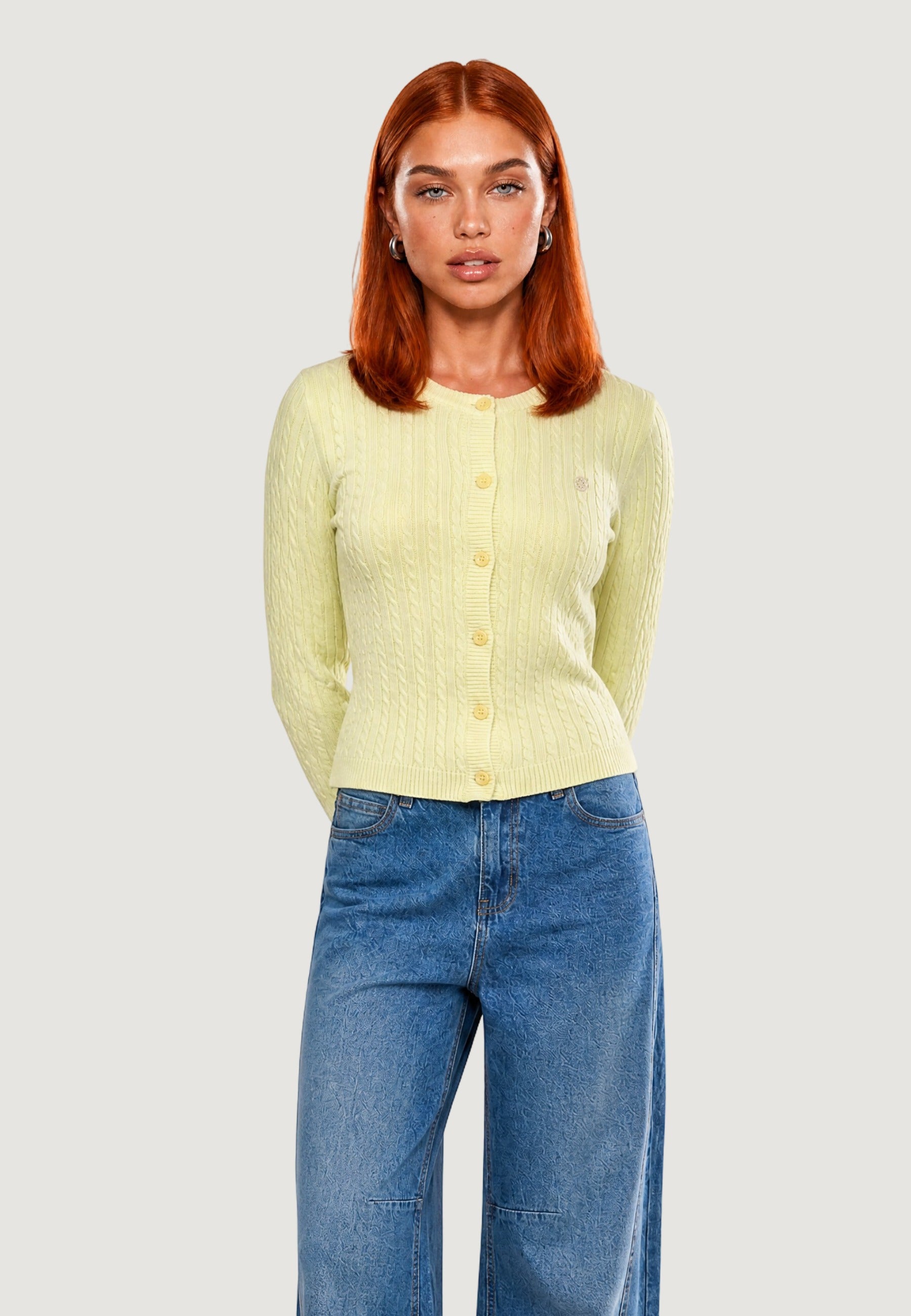 Cardigan cardigan trecce + ricamo fiore 26235 Giallo