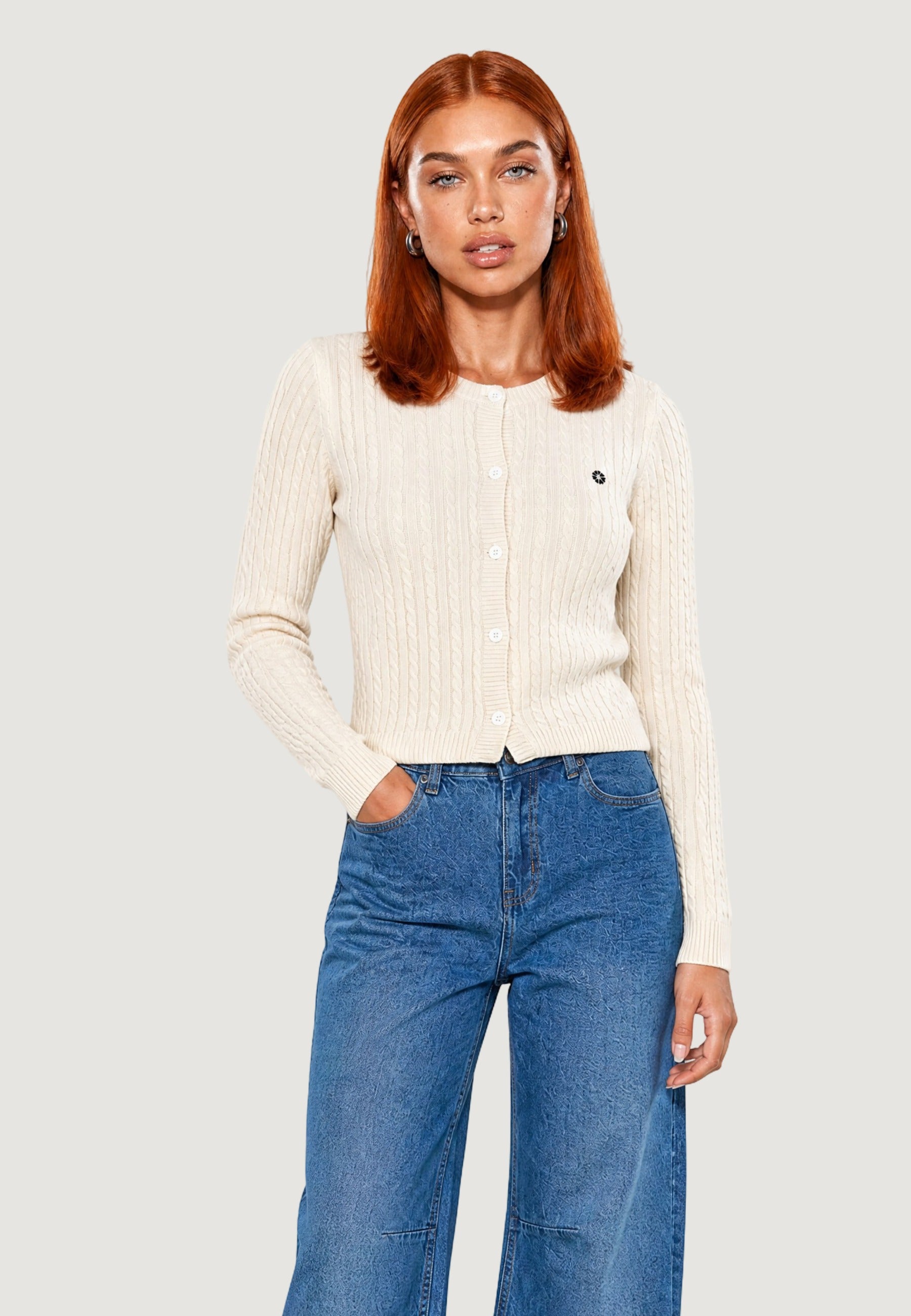 Cardigan cardigan trecce + ricamo fiore 26235 Panna
