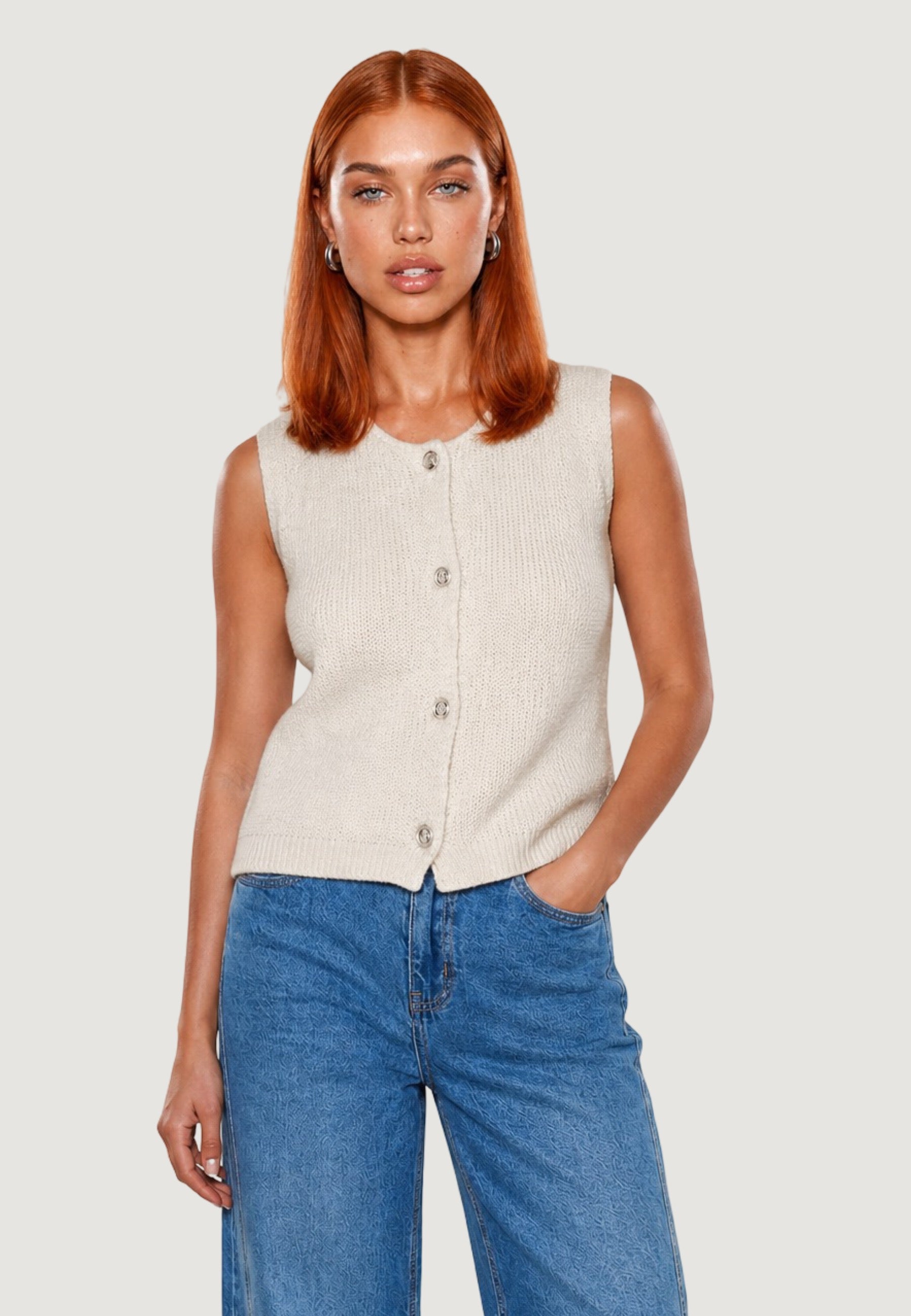 Cardigan pull s/maniche 26239 Panna
